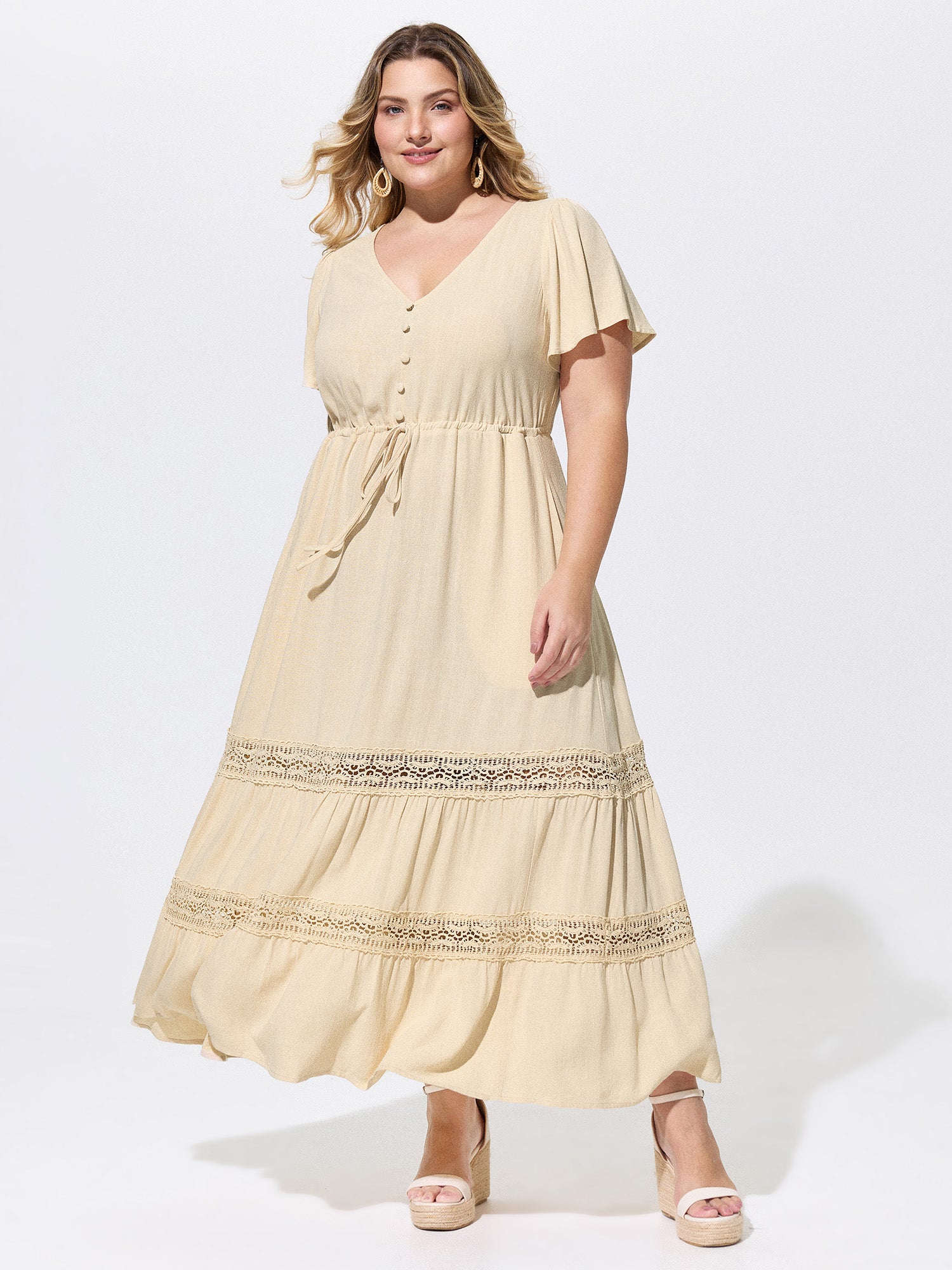 Linen Blend Lace Trim Button Detail Plain Maxi Dress