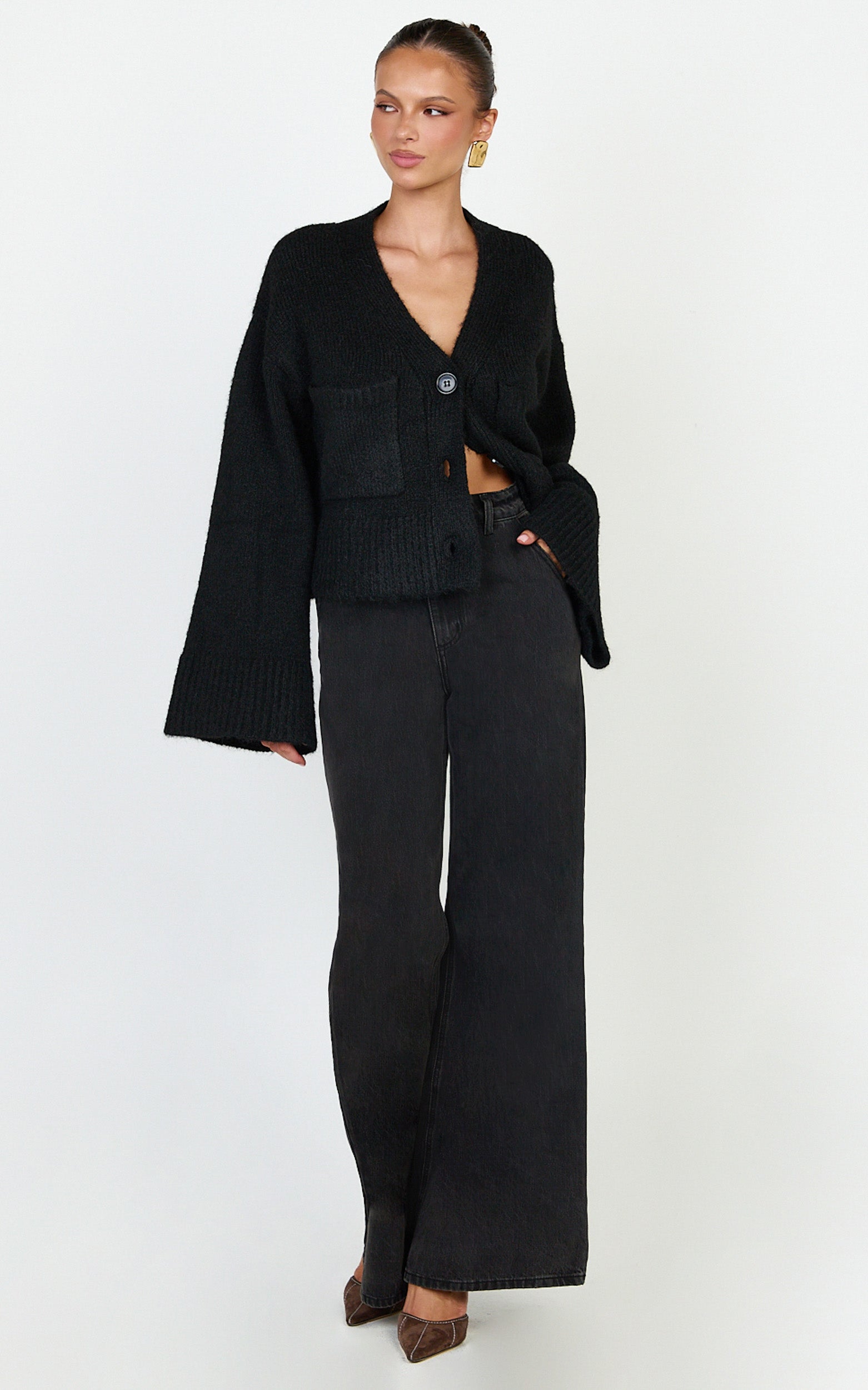 Becka Cardigan - Oversized Recycled Knitted Button Through Cardigan in Black