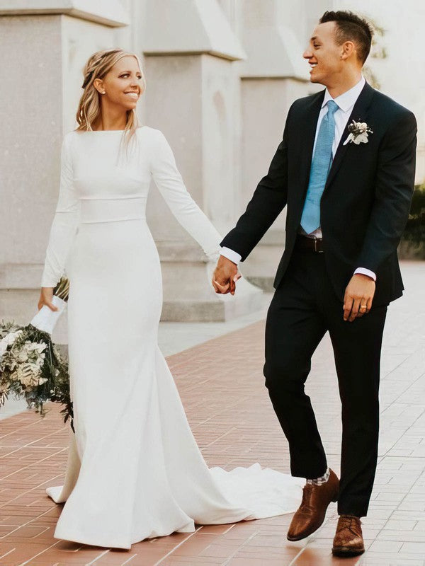 Beautiful Long Sleeves Mermaid Bateau Stretch Satin Court Train Wedding Dresses