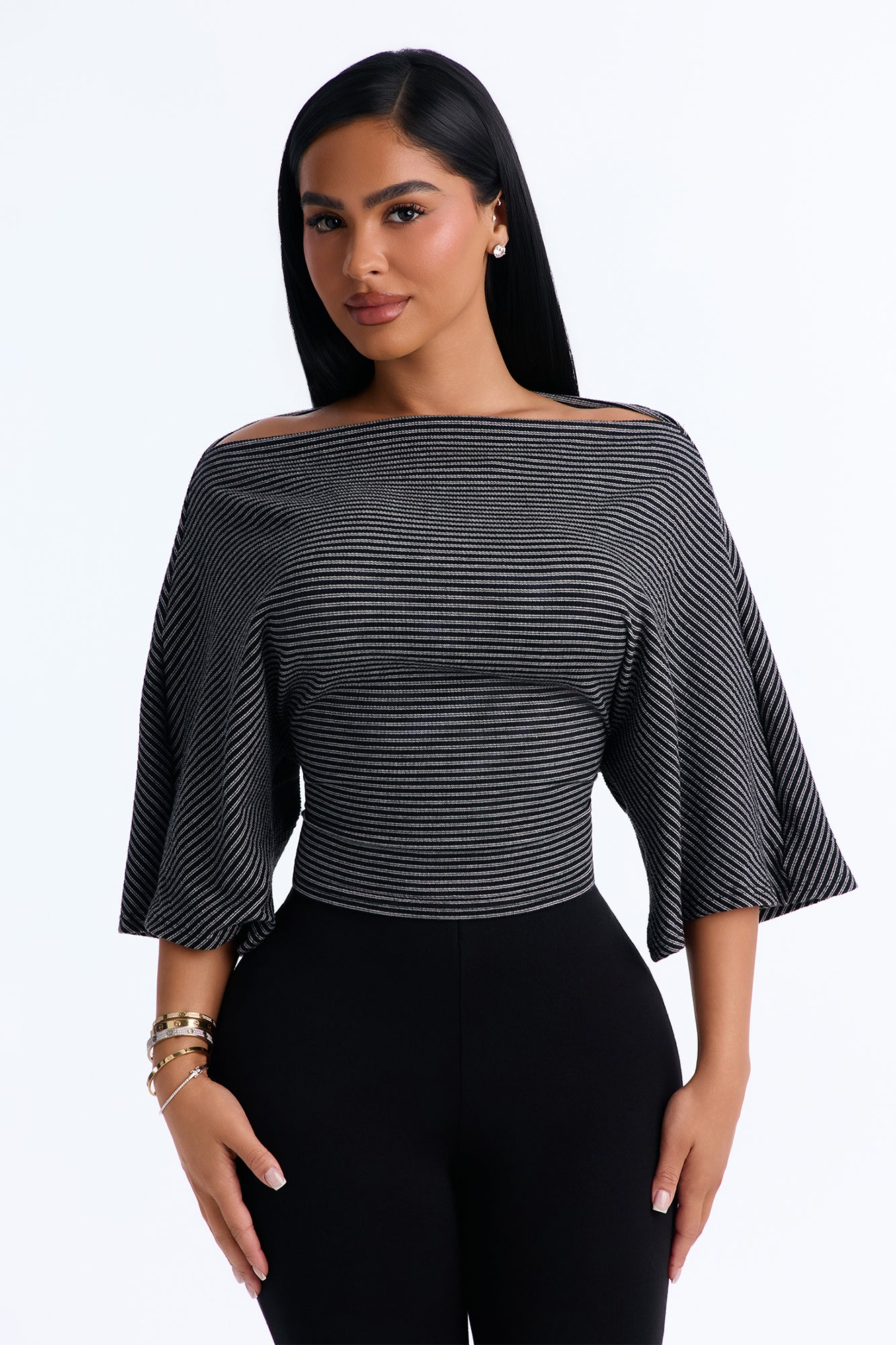 Steph Sriped Textured Off Shoulder Top - Black/White