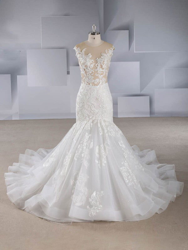 Beautiful Jewel Trumpet Sleeveless Tulle Lace Court Train Wedding Dresses