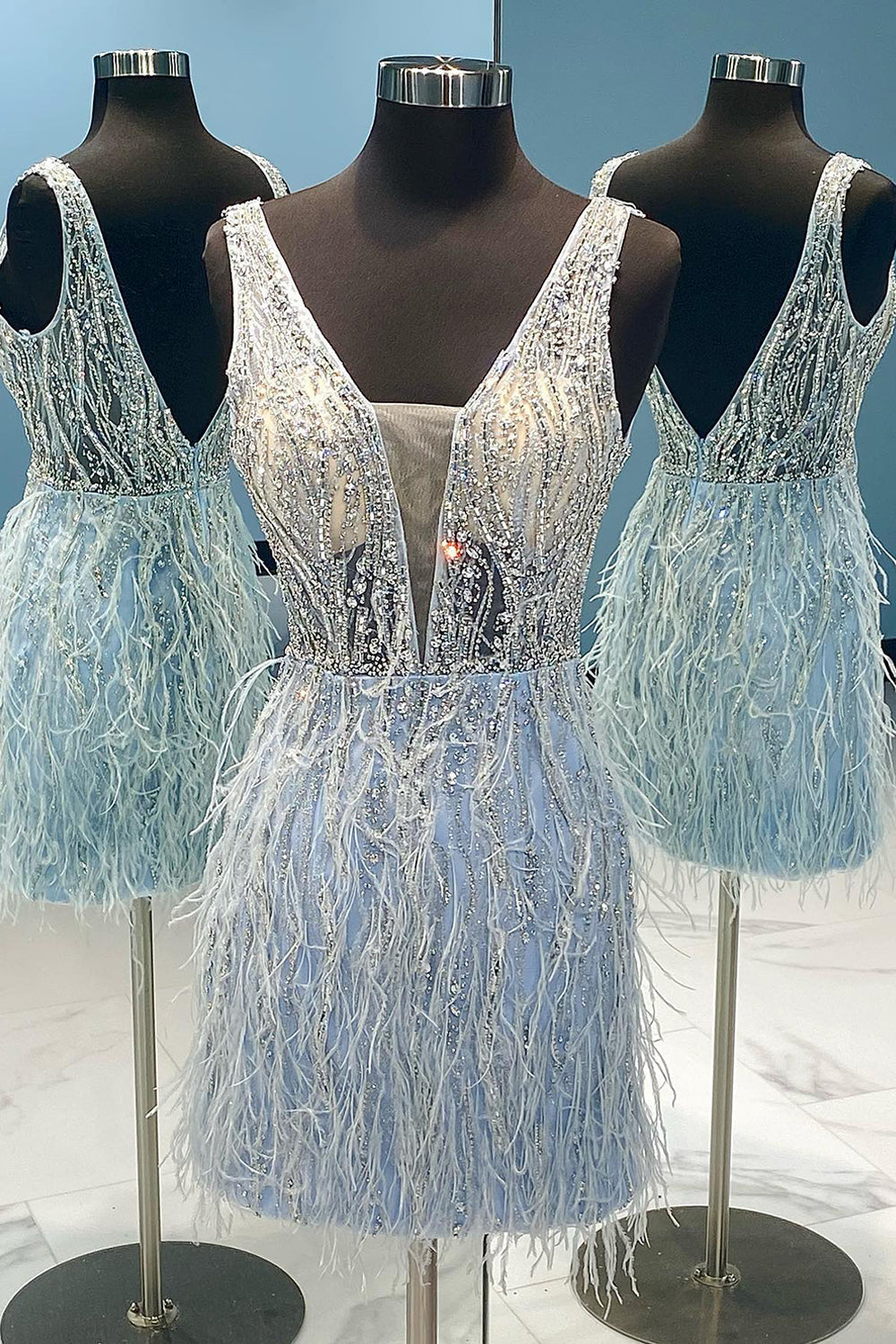 Light Blue Beaded Sequins Tight Homecoming Dress/Mini Dress with Feathers
