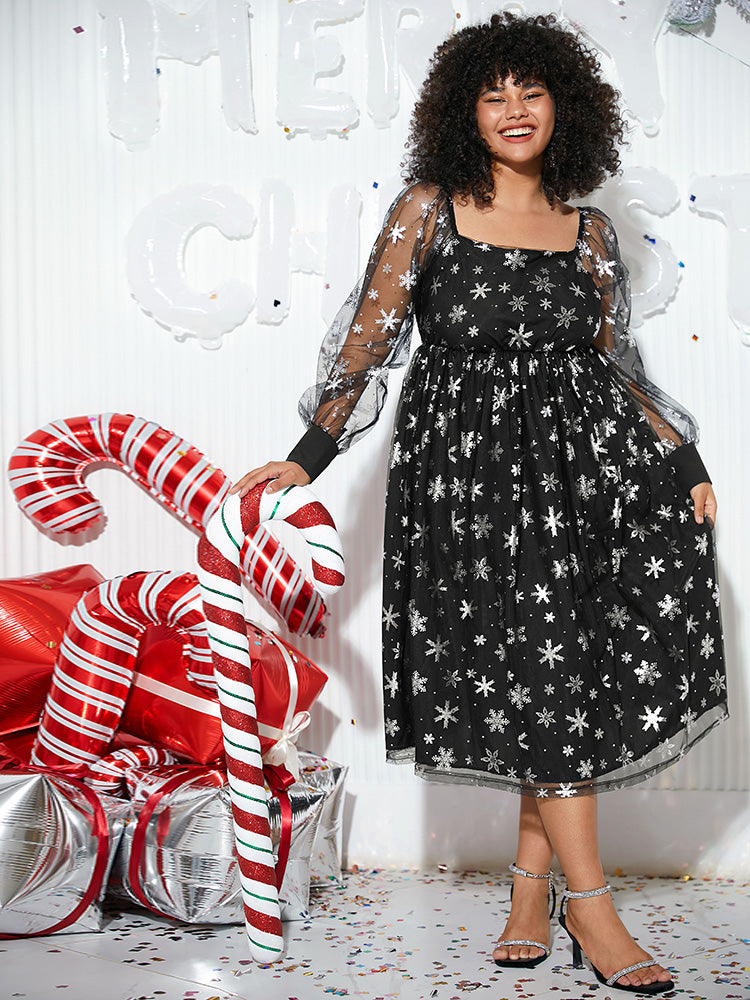 Christmas Snowflake Glitter Mesh Square Neck Dress