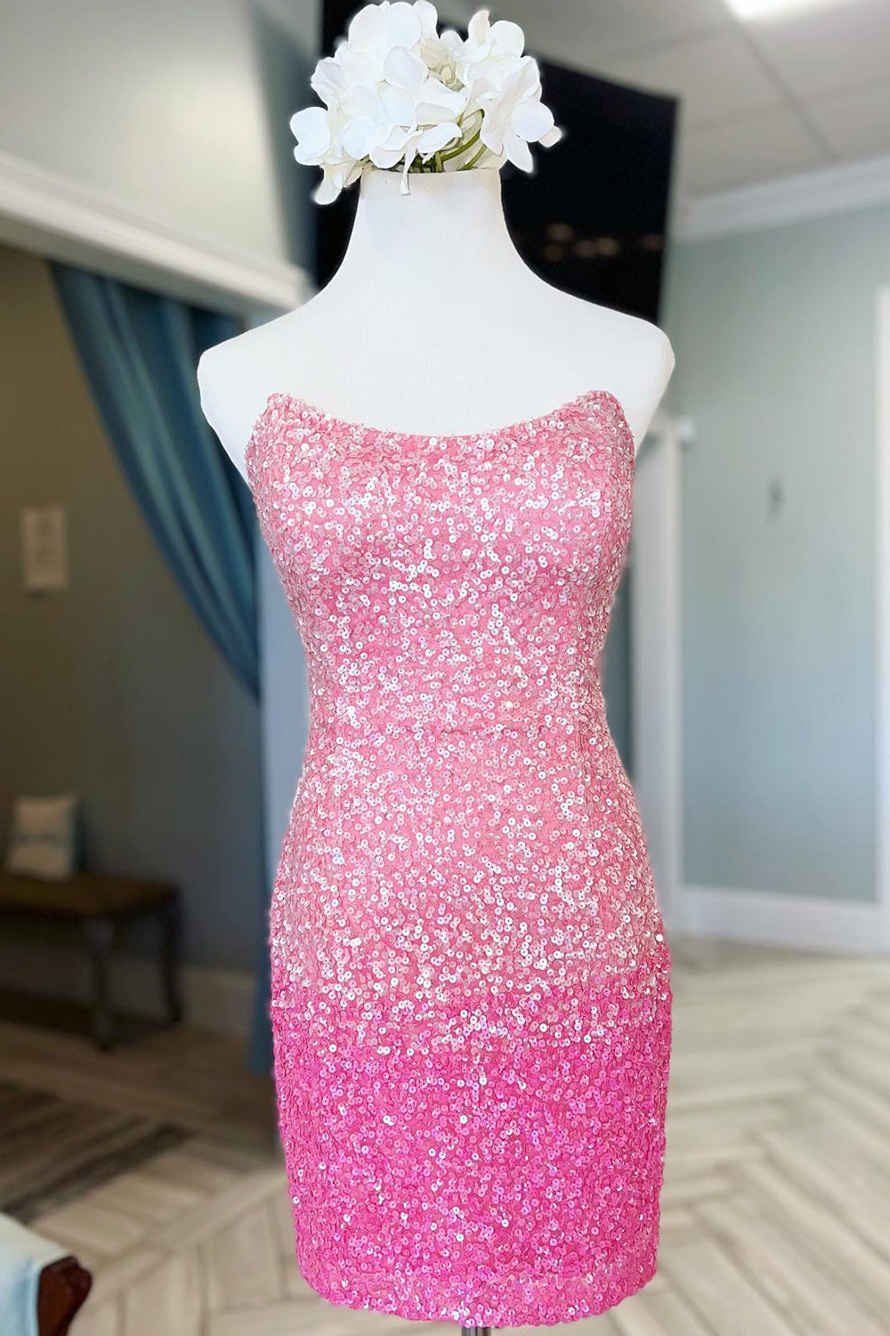 Sparkly Pink Ombre Sequin Tight Short Homecoming Dress/Mini Dress
