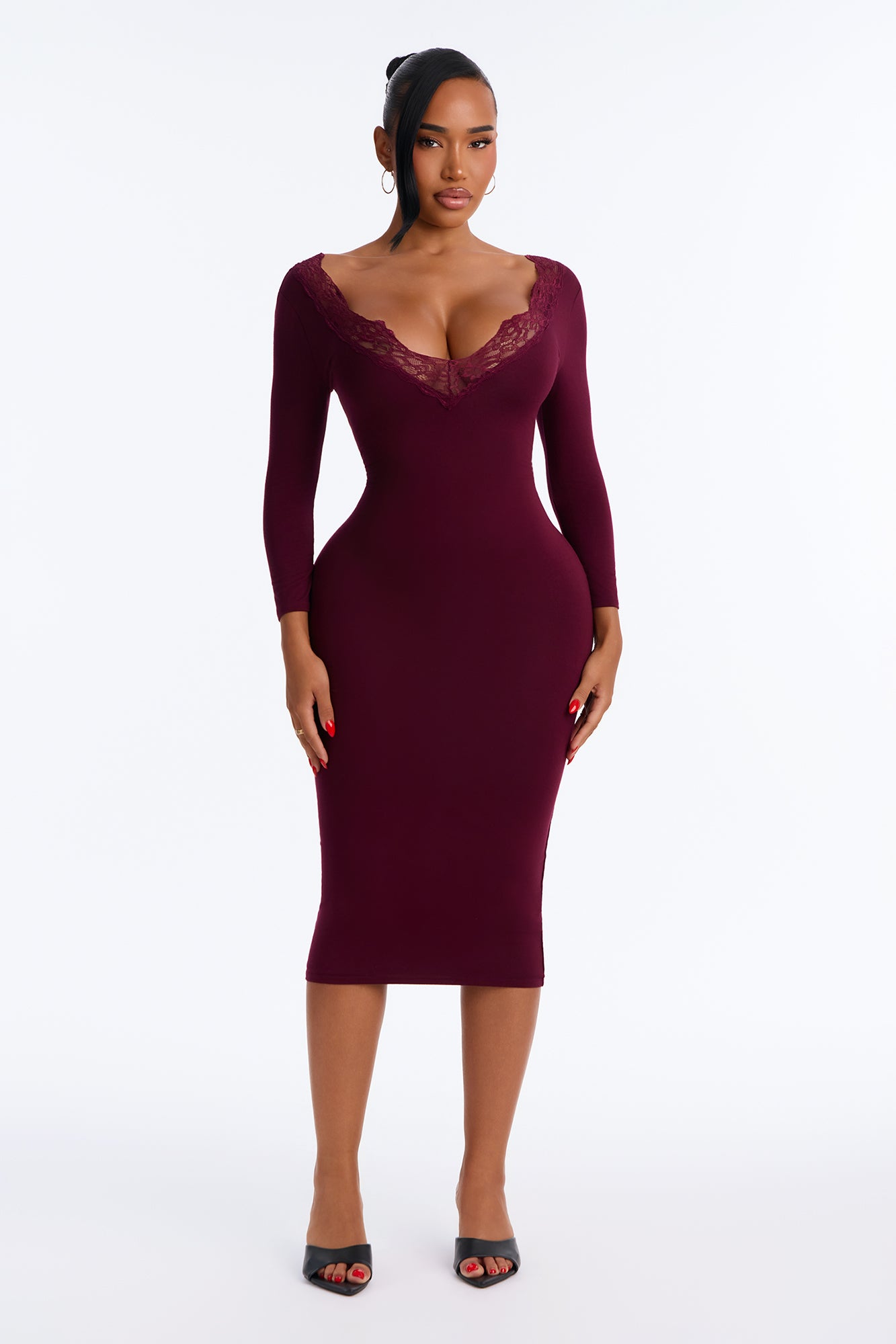 Sabrina Lace Trim Midi Dress - Wine