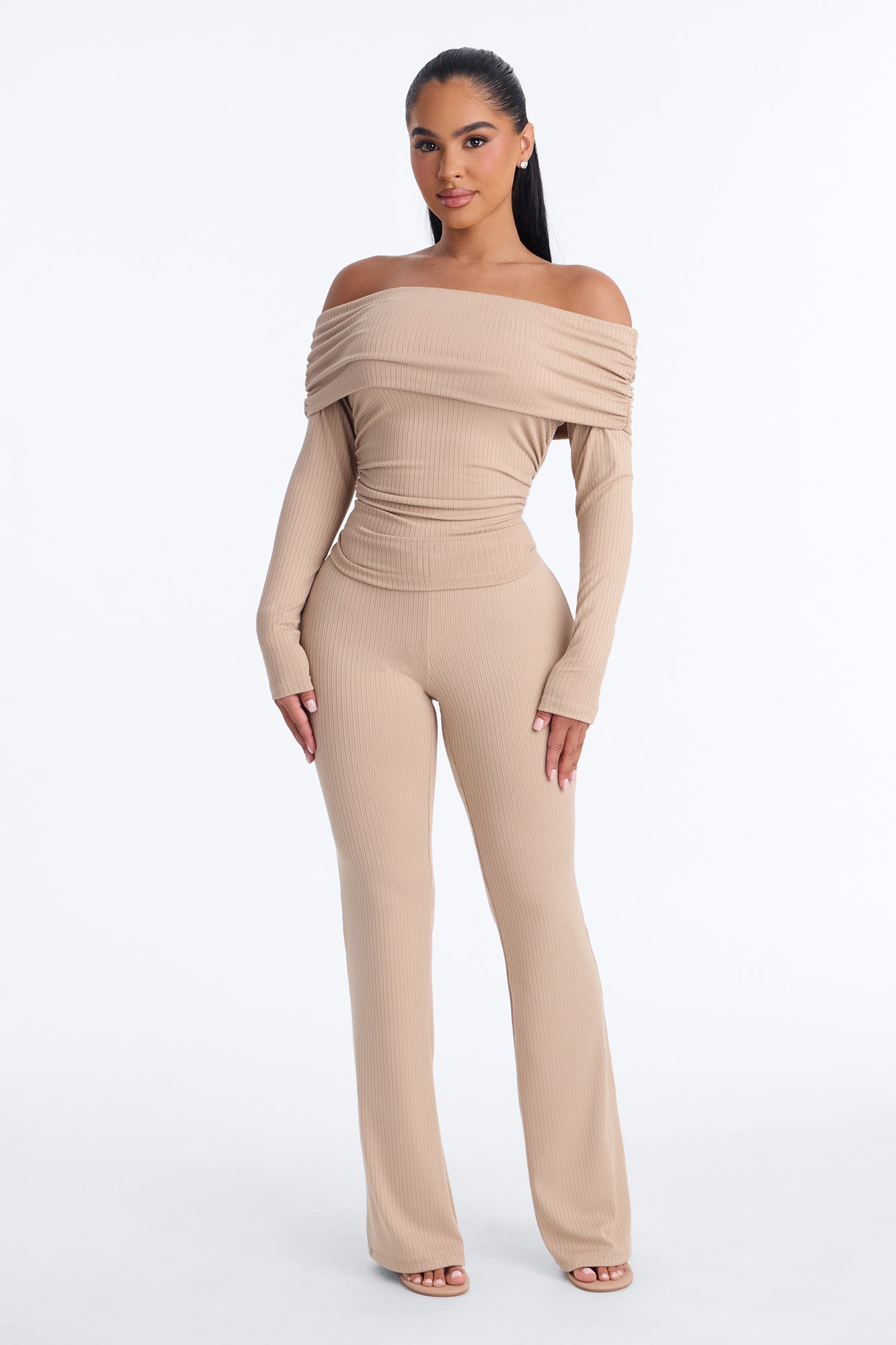 Karissa Off Shoulder Ribbed Pant Set - Taupe