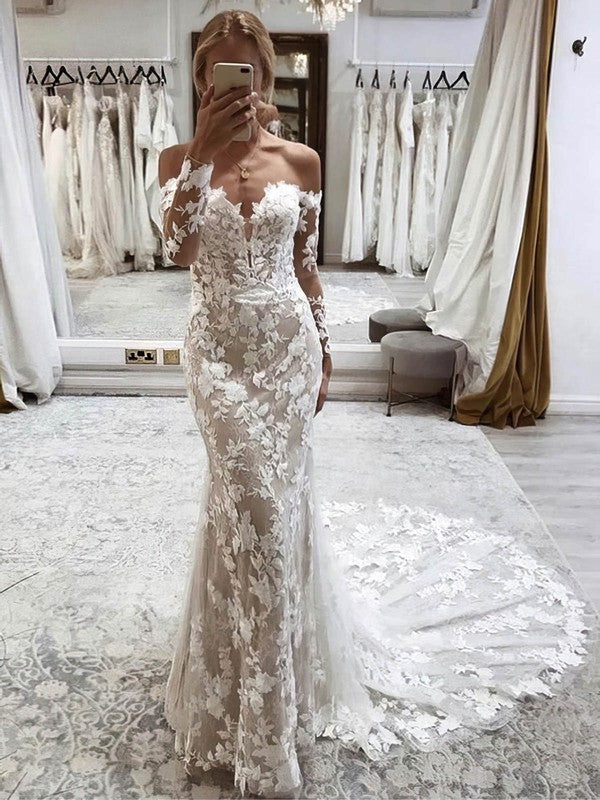 Beautiful Long Sleeves Mermaid Off-The-Shoulder Lace Chapel Train Wedding Dresses with Appliques