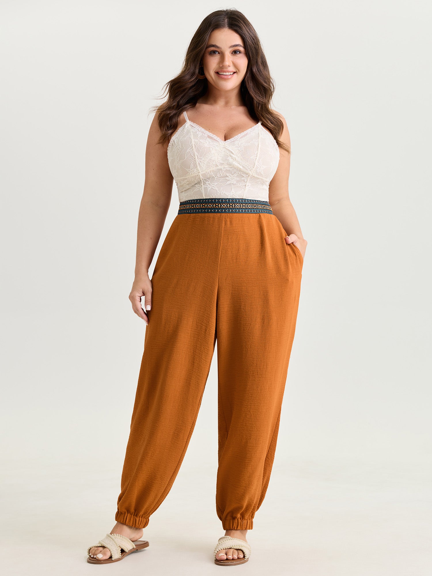Colorful Waistband Cuffed Plain Pants