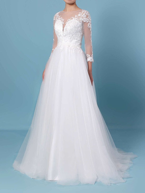 Glamorous 3/4 Long Sleeves Tulle Lace A-Line Wedding Dresses with Sweep Train