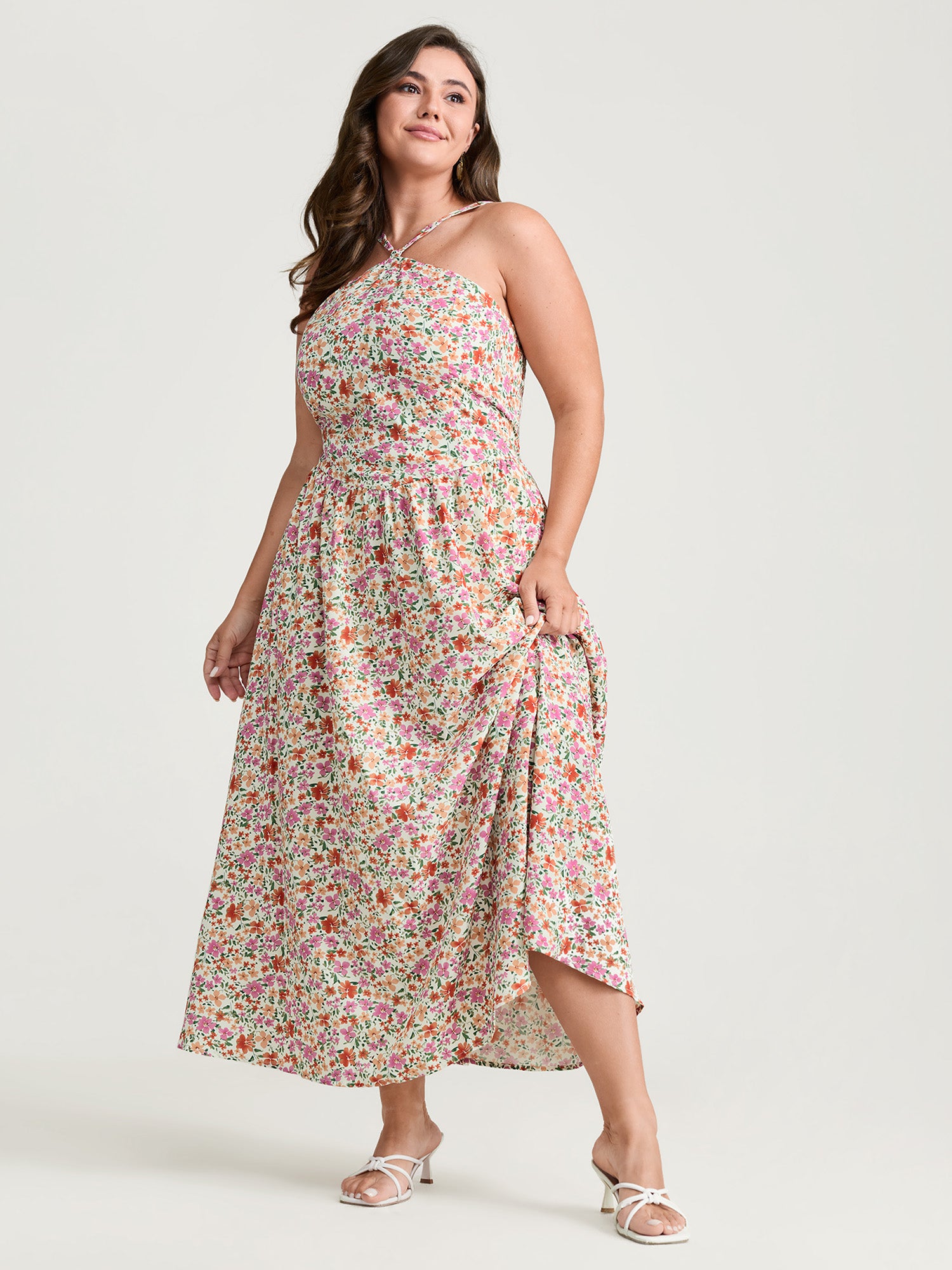 Floral Print Halter Neckline Flowy Maxi Dress