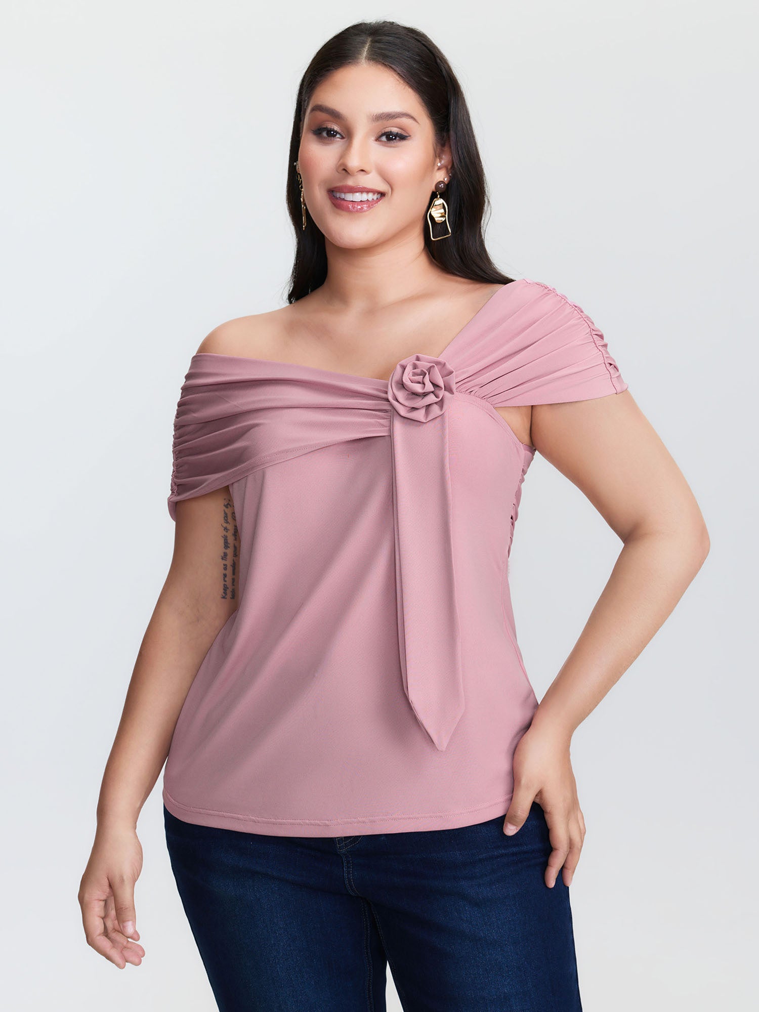 3D Floral Detail Asymmetrical Neckline T-Shirt