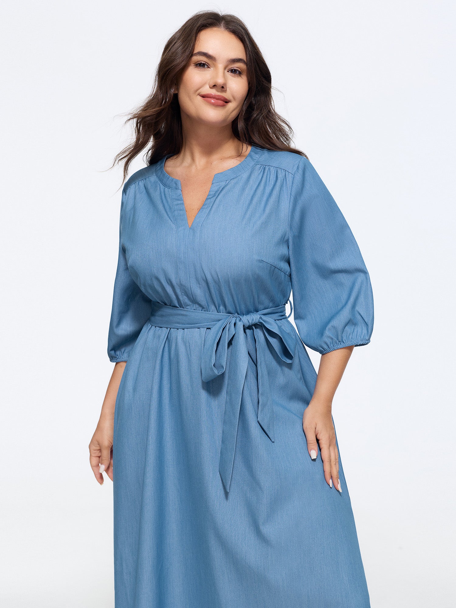 Supersoft Notched Collar Tie Waist Faux Denim Midi Dress