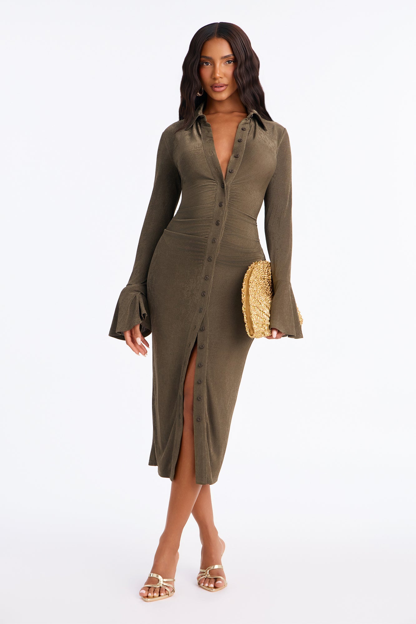 Cutie Long Sleeve Ruched Slinky Midi Dress - Olive
