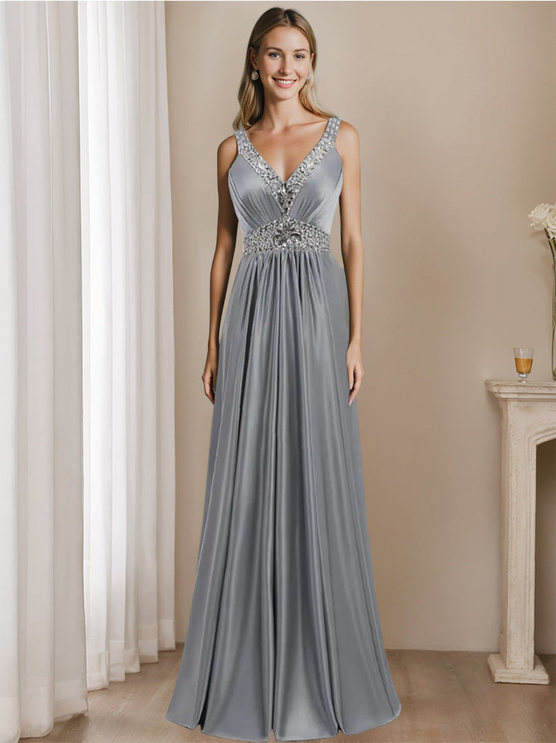 Sleeveless V-Neck Floor-Length A-Line Mother of the Bride Dress with Rhinestone