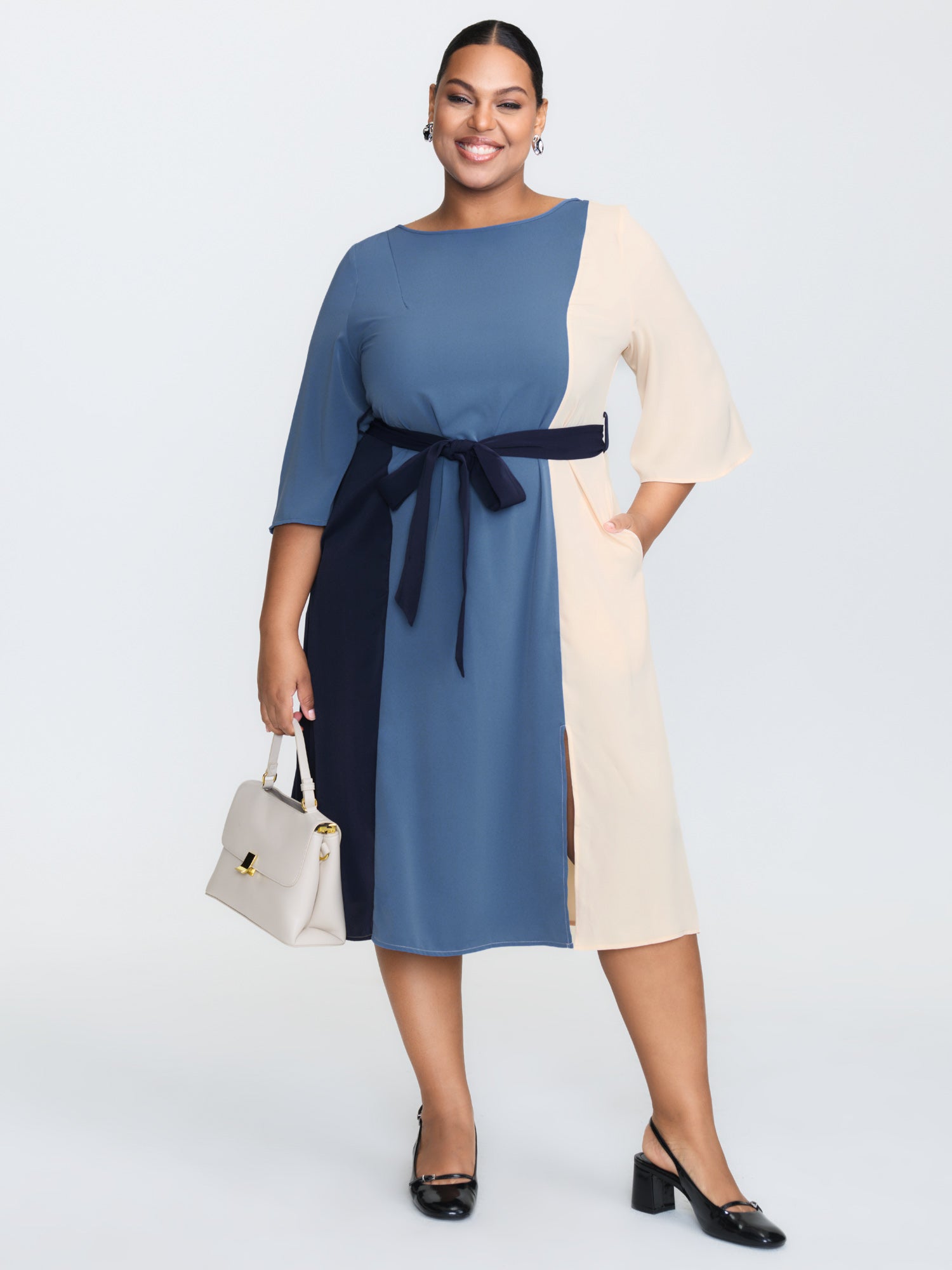 Colorblock Belted Round Neck Midi Dress