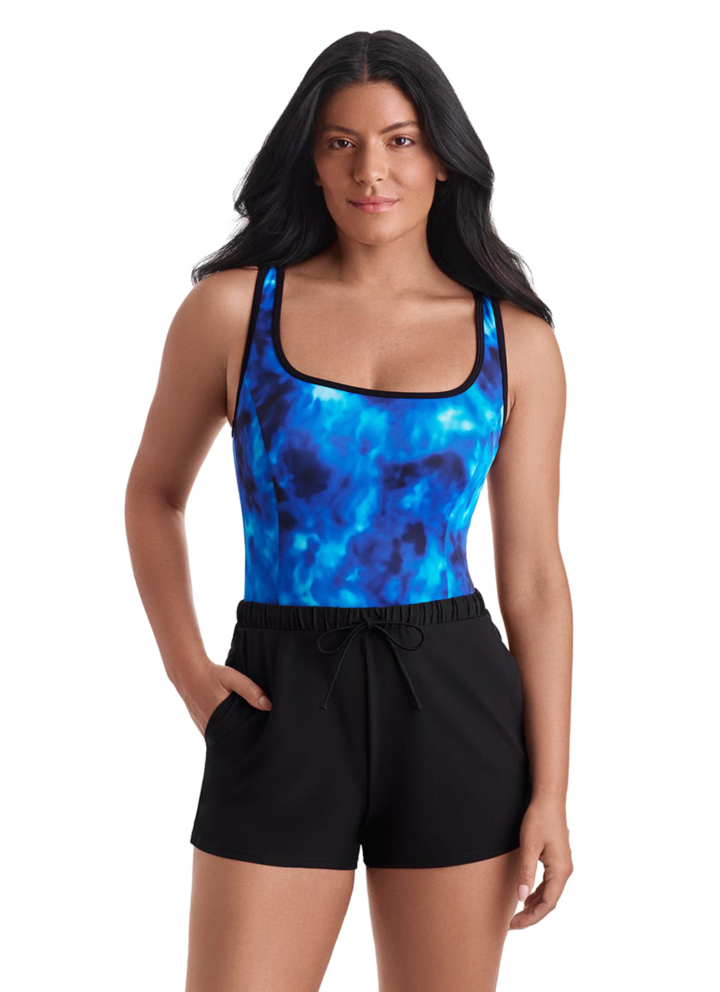 Shape Solver SPORT Shape Solver Sport Women's Laguna Waters Binded Scoopneck Runaround One Piece Swimsuit