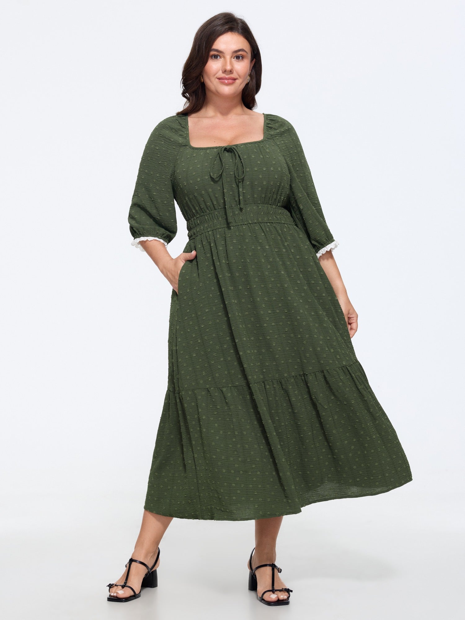 Textured Square Neck Tie Lace Trim Midi Dress