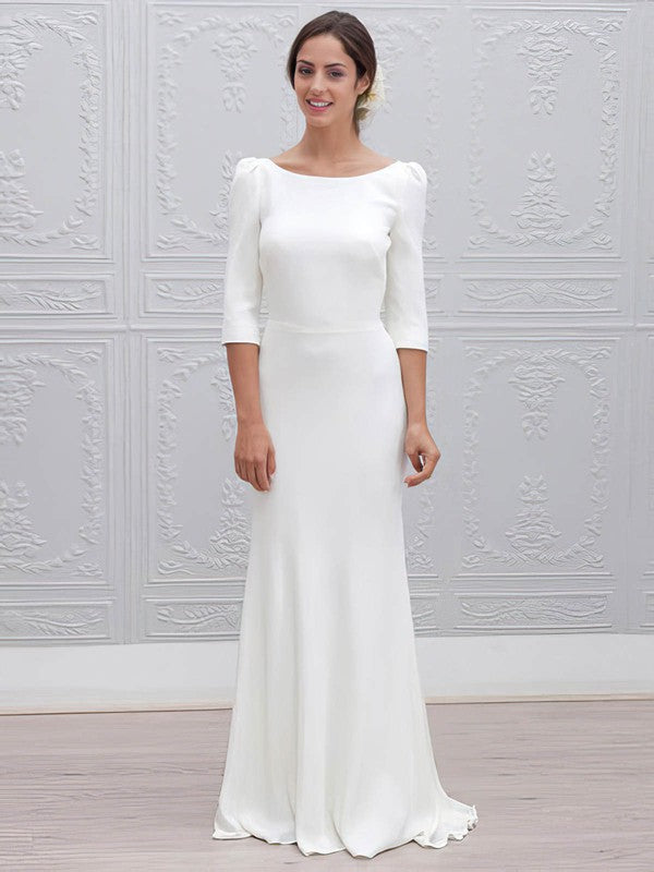 Classic 3/4 Long Sleeves Jewel Neck Column Satin Wedding Dresses with Sweep Train