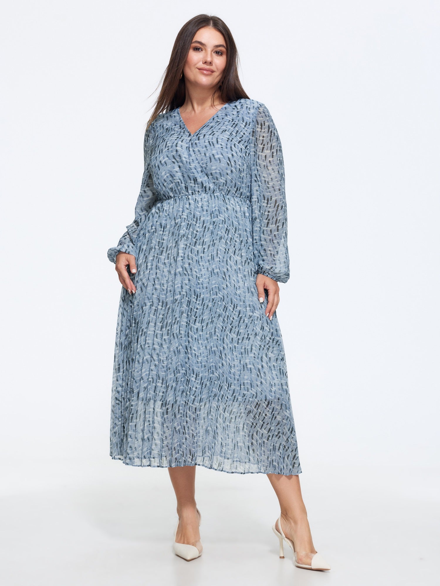 Abstract Print Pleated Chiffon Flowy Midi Dress