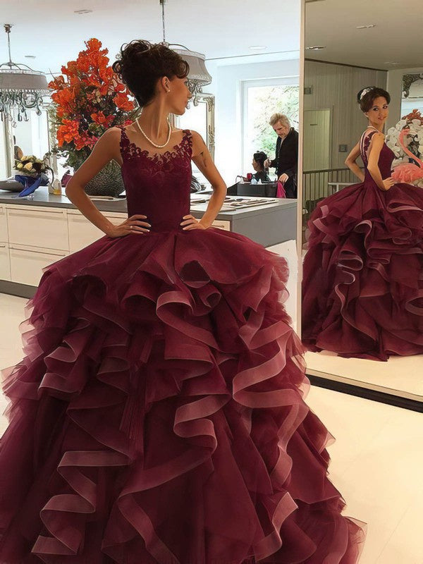 Fabulous Scoop Neck Sleeveless Tulle Floor-Length Wedding Dresses with Cascading Ruffles