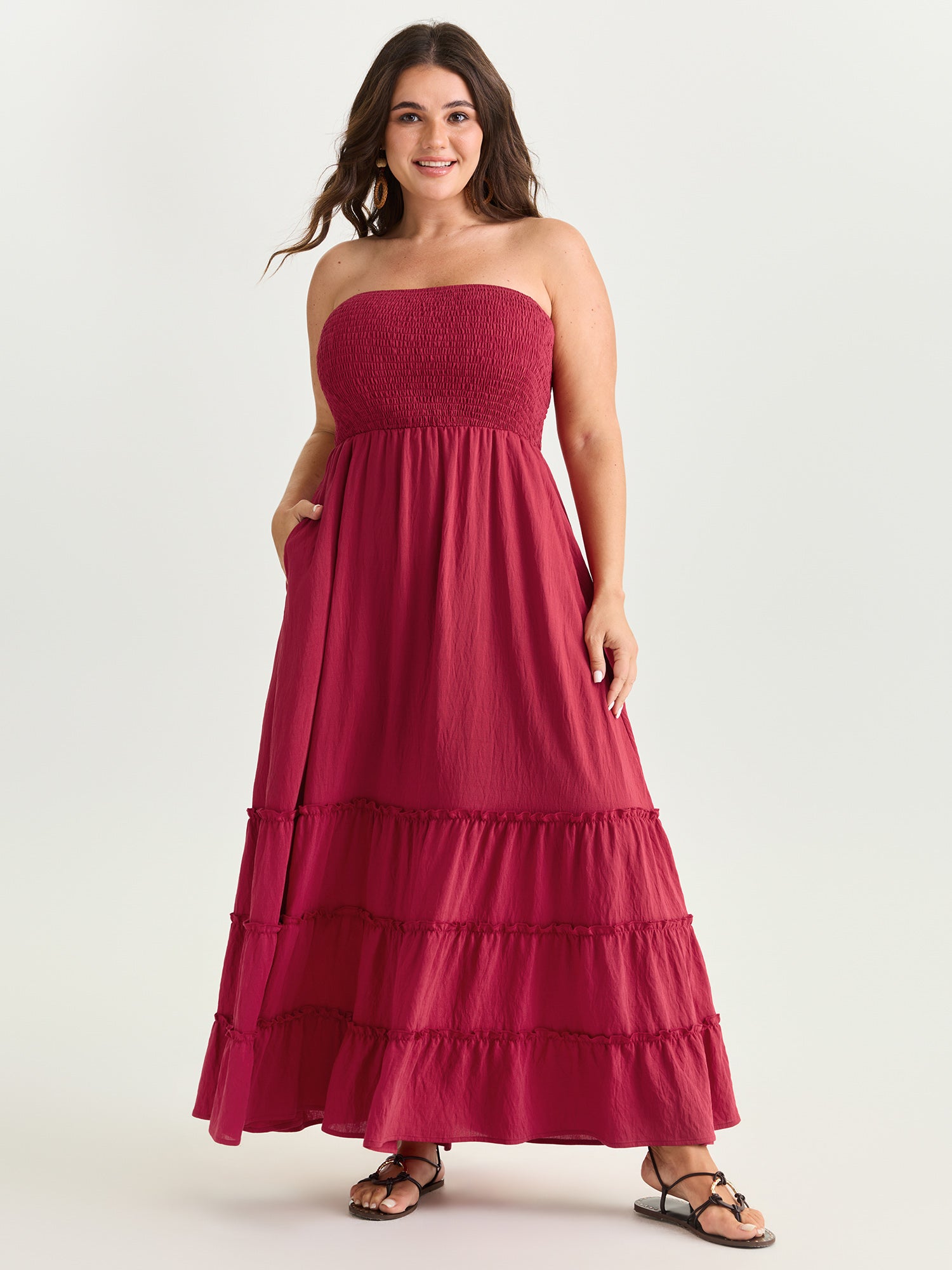 Classic Plain Shirred Bodice Tiered Maxi Dress