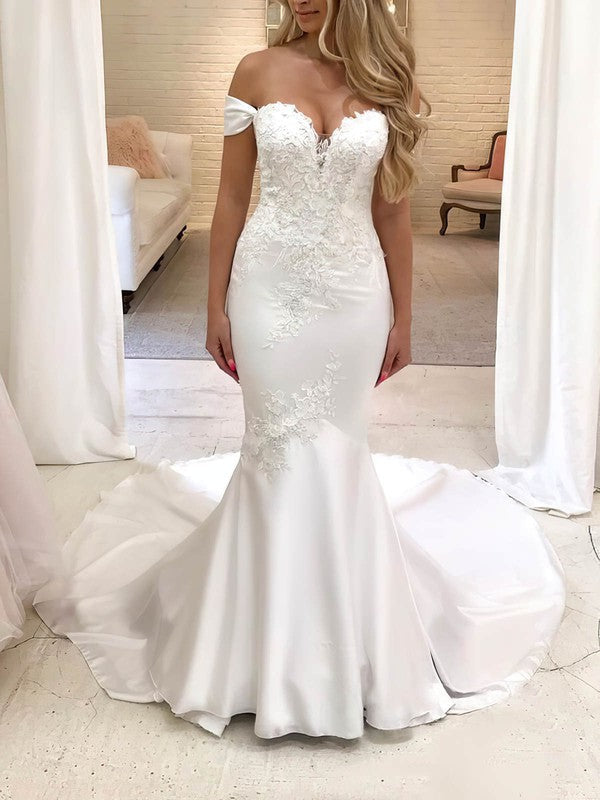 Chic Trumpet Off-The-Shoulder Satin Wedding Dresses with Appliques