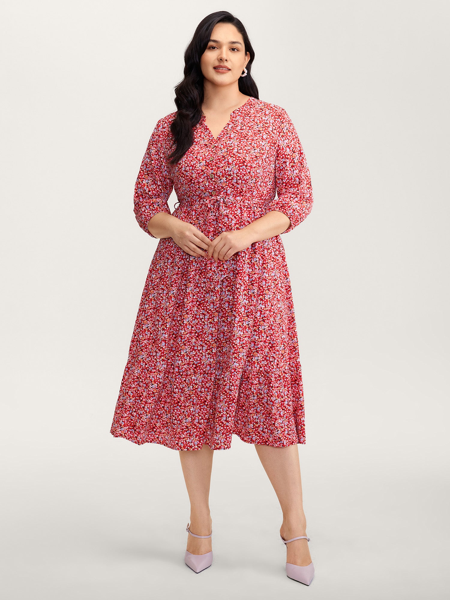 Floral Print Belted Waist Midi Dress