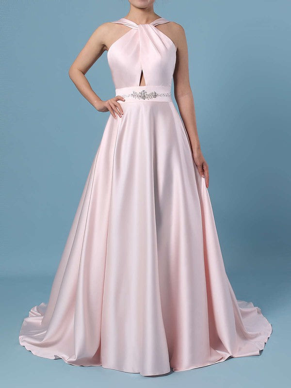 Luxurious Sleeveless Backless Satin Ball Gown Wedding Dresses with Sweep Train
