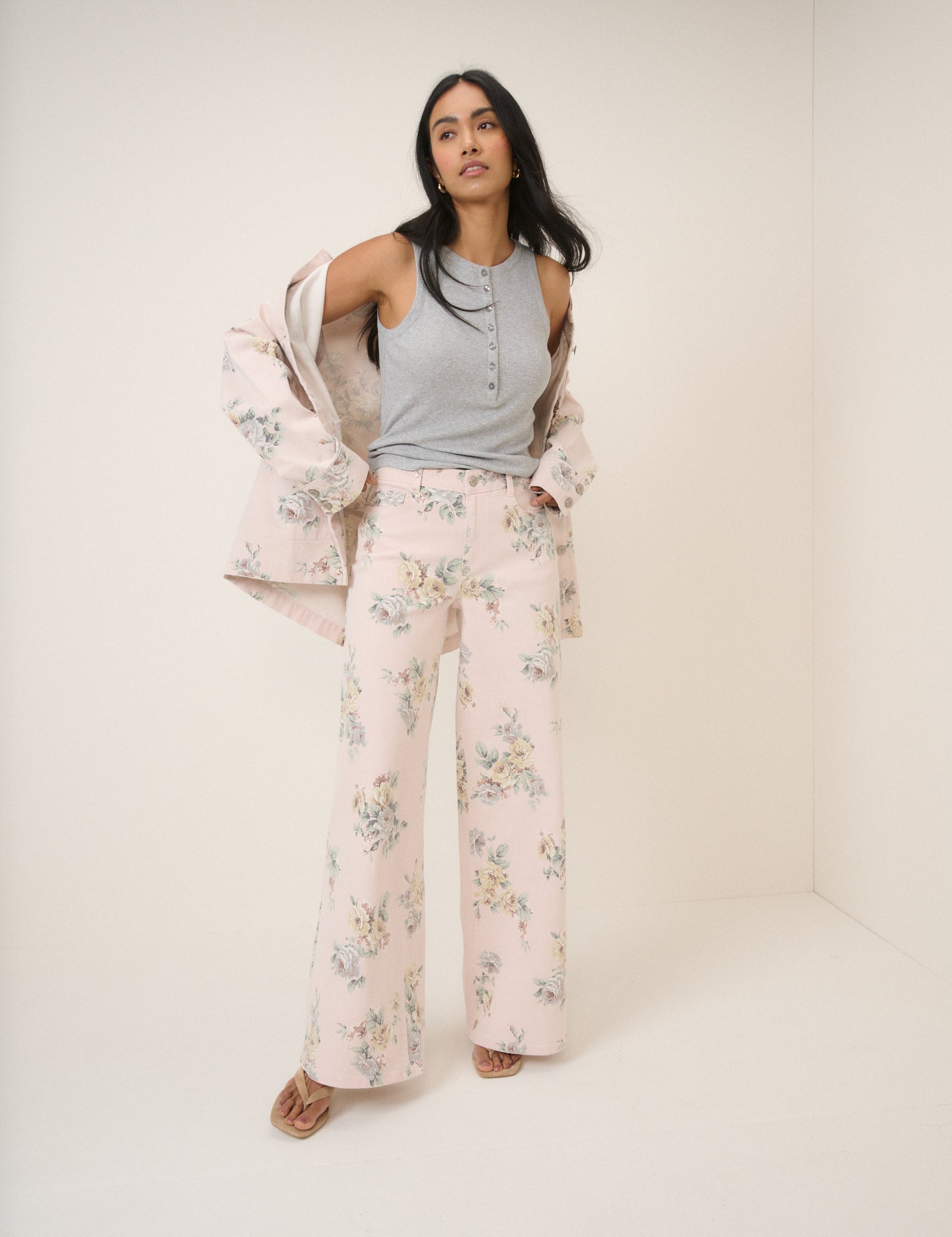 Pink Floral Stretch Wide Jeans