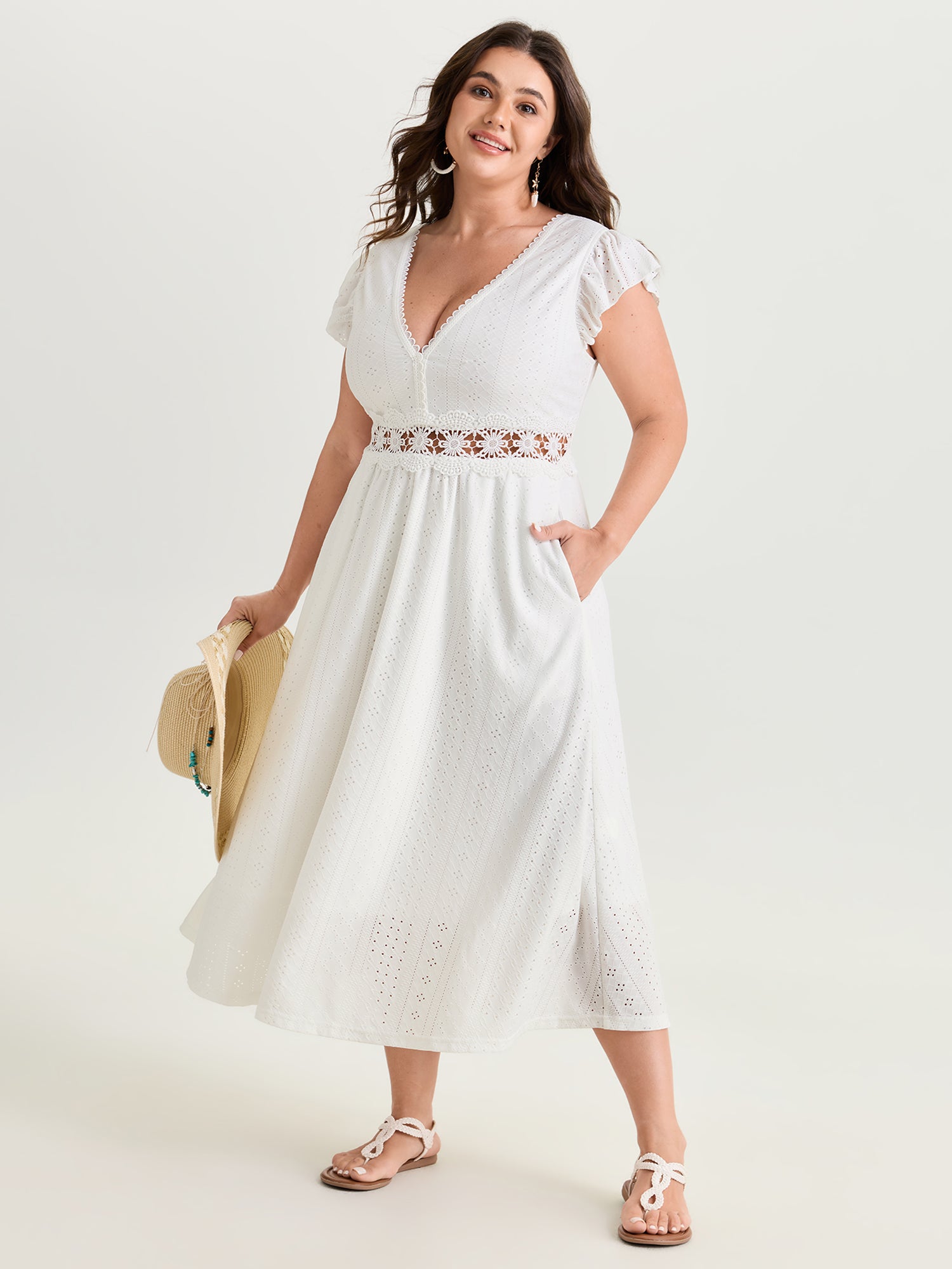 Eyelet Trim Cut-Out Waist Midi Dress