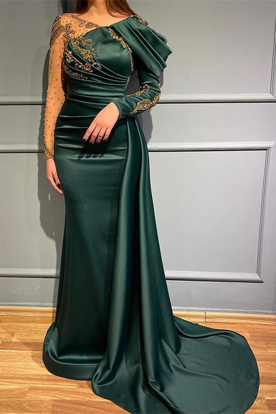Dark Green Mermaid Long Sleeves Beads Evening Dress With Appliques