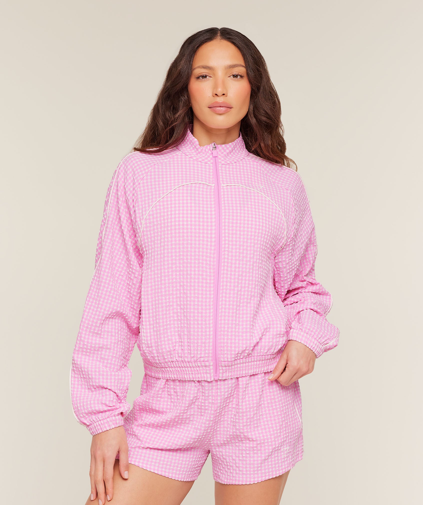 Gymshark Gingham Track Jacket - Focus Pink/Soft White