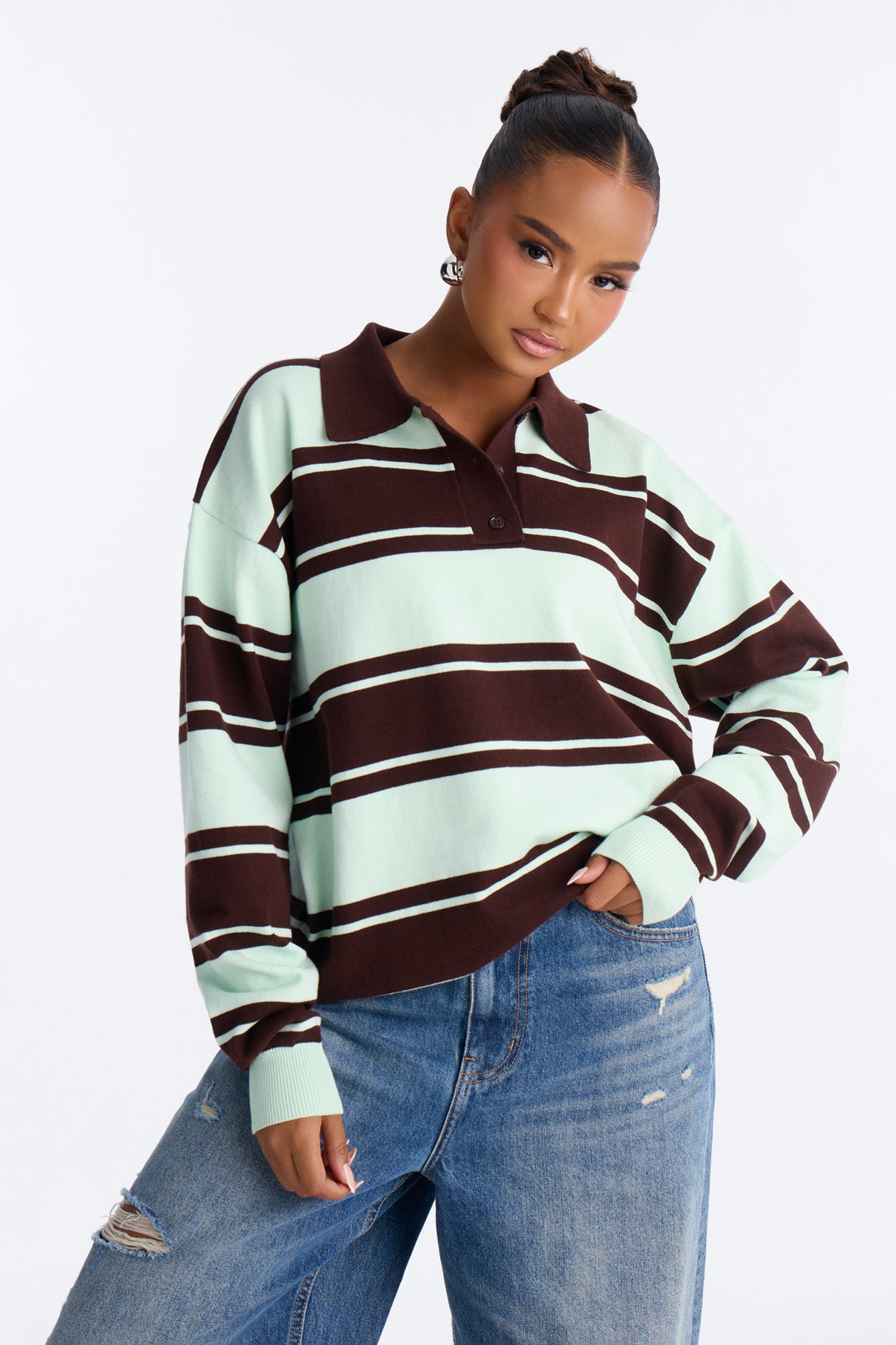 West Coast Striped Rugby Polo Sweater - Mint/combo