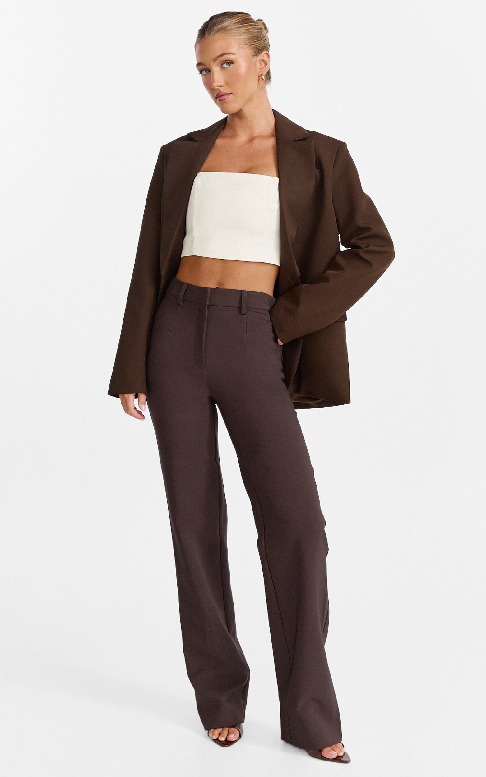 Sally Pants - Mid Waisted Straight Leg Tailored Pants in Chocolate