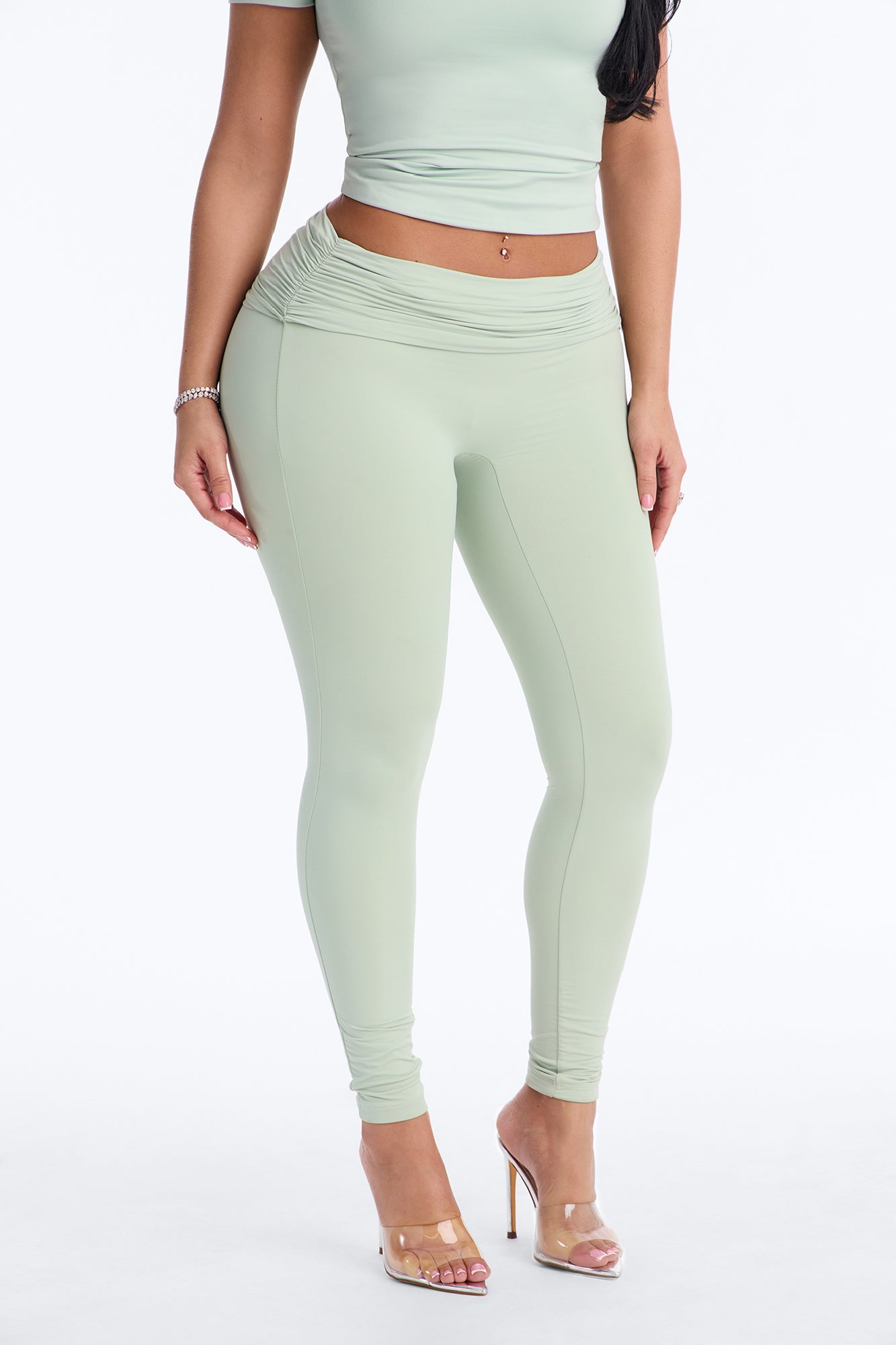 Second Skin Double Lined Ruched Foldover Leggings - Mint
