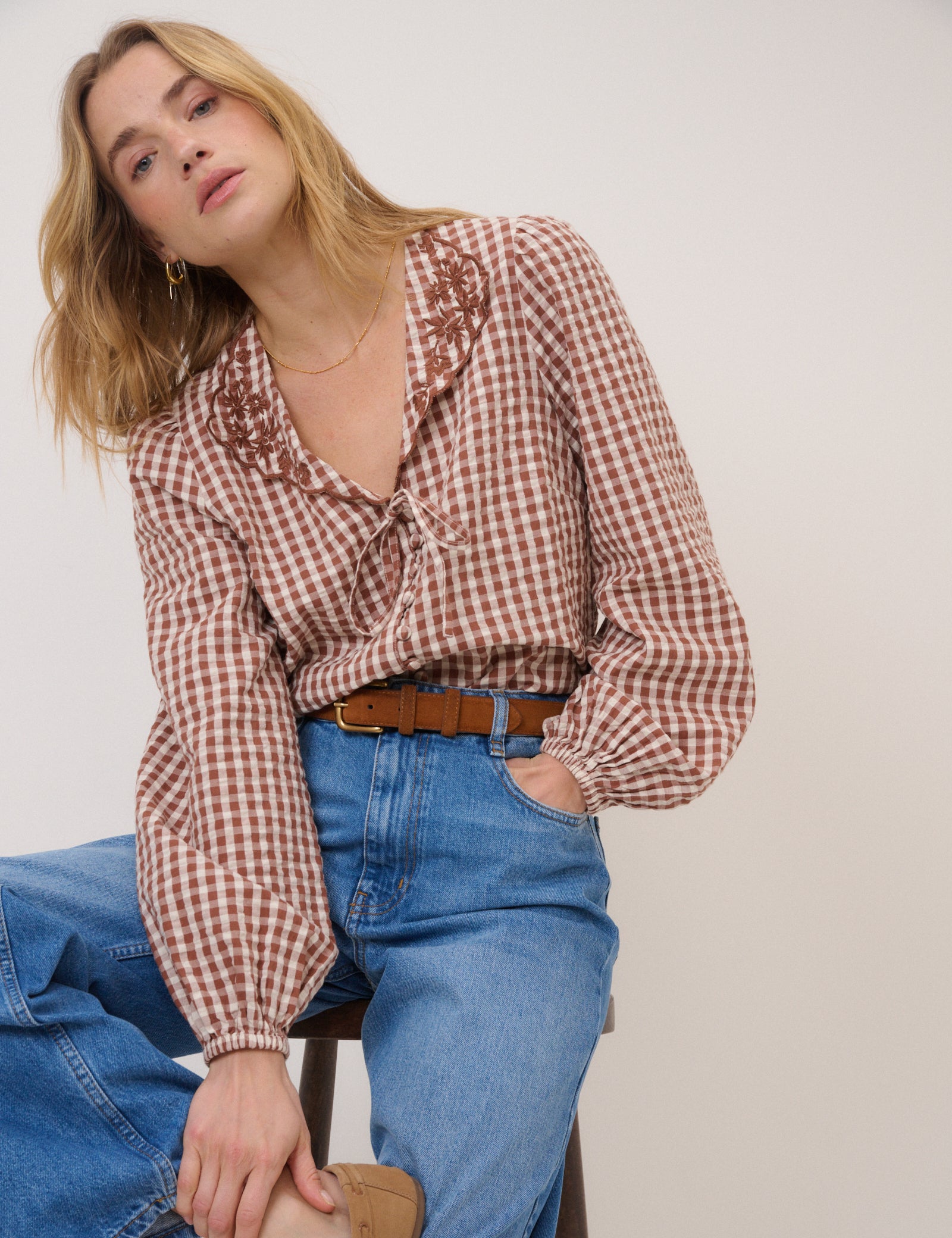 Brown Gingham Embroidered Floral Collar Blouse