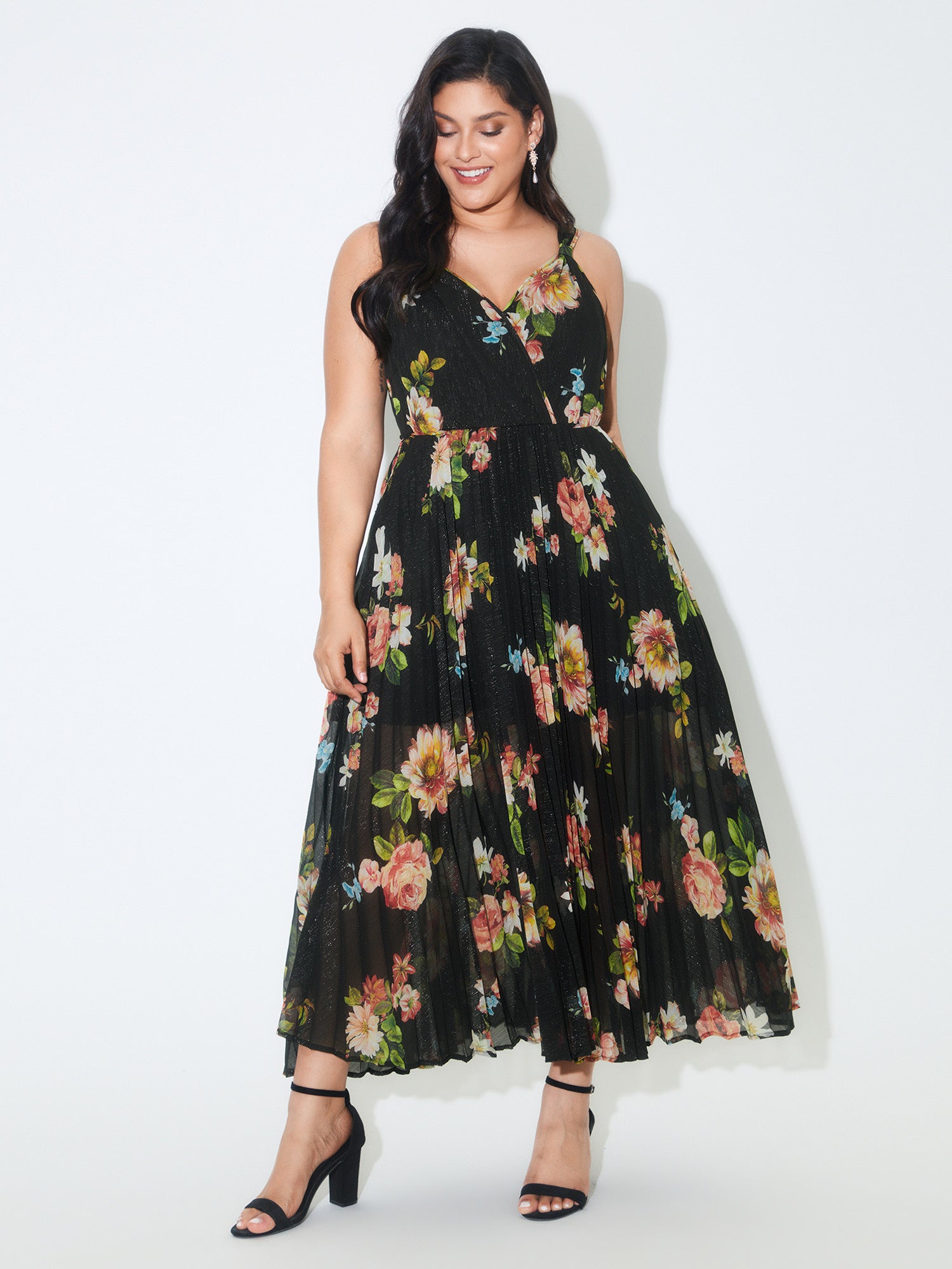 Large Floral Print Pleated Flowy Maxi Dress