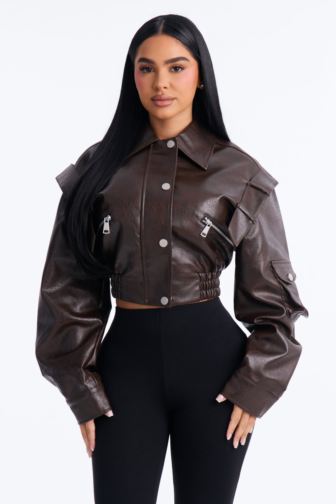 Harper Washed Faux Leather Jacket - Brown