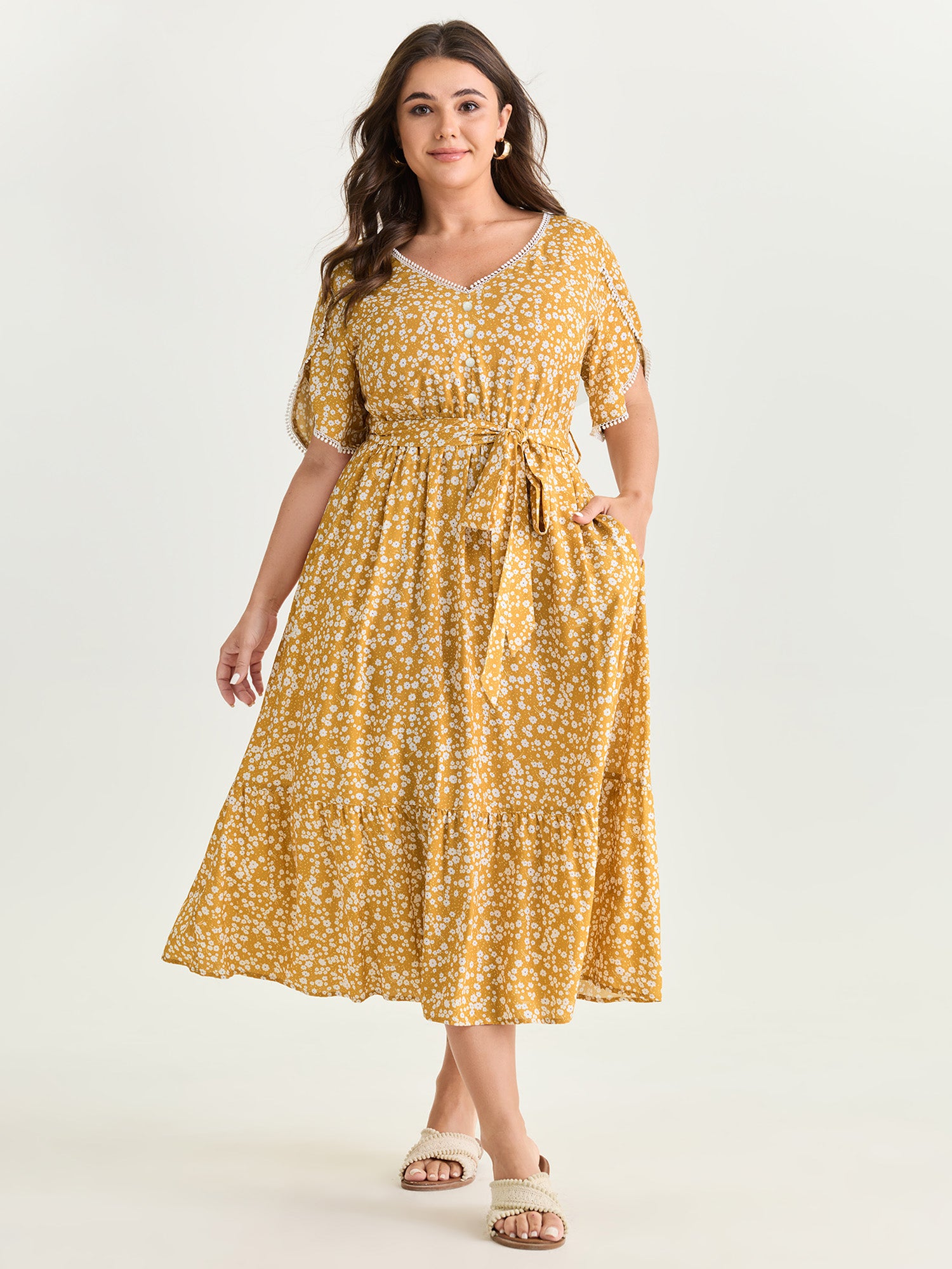 Floral Print V-Neck Petal Sleeve Midi Dress