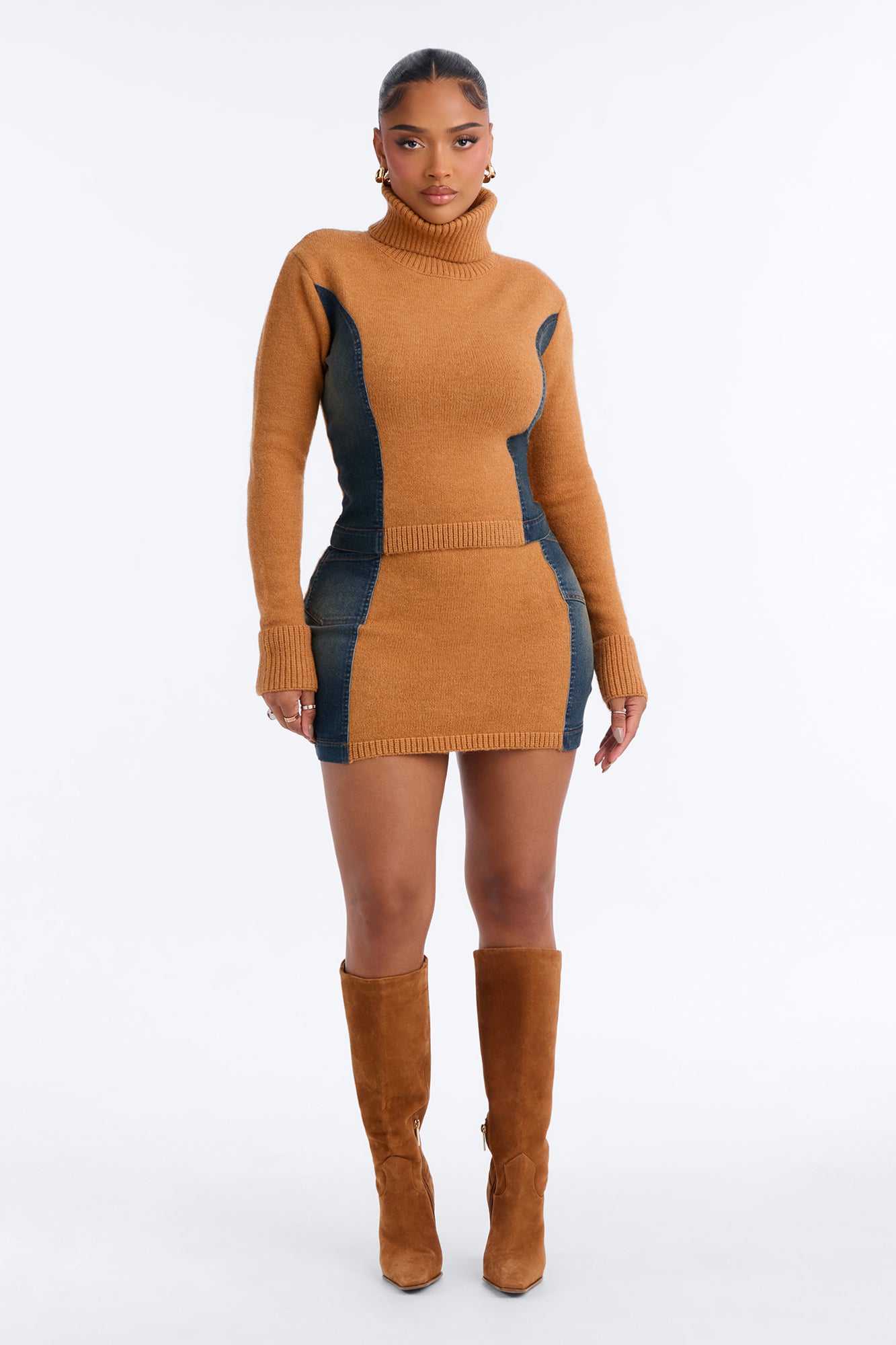 Cyndi Denim Mix Sweater Skirt Set - Cognac