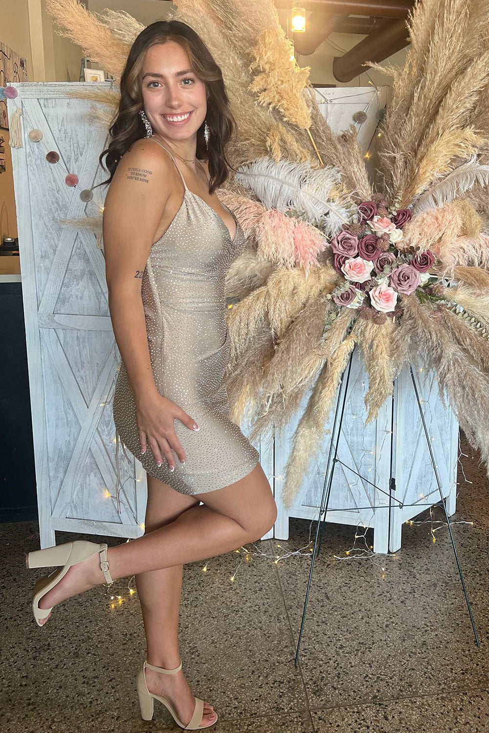 Sparkly Champagne Beaded Tight Short Homecoming Dress/Mini Dress