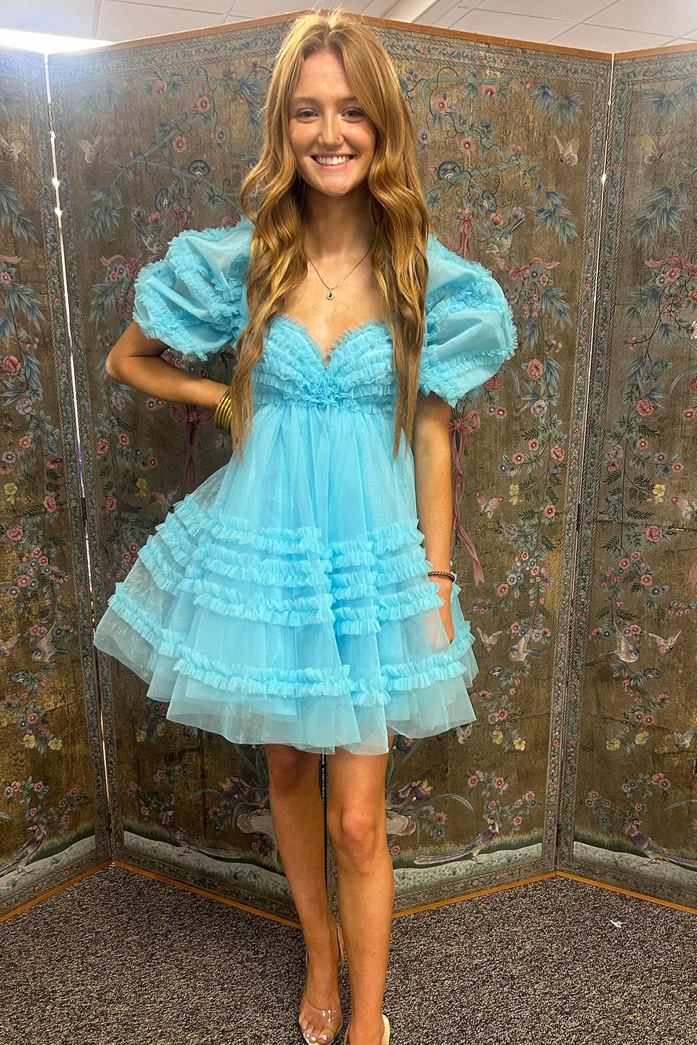 Blue Ruffled A Line Short Homecoming Dress/Mini Dress