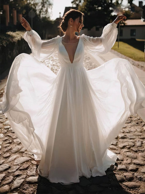 Fabulous Deep V-Neck Long Sleeves Backless A-Line Chiffon Sweep Train Wedding Dresses