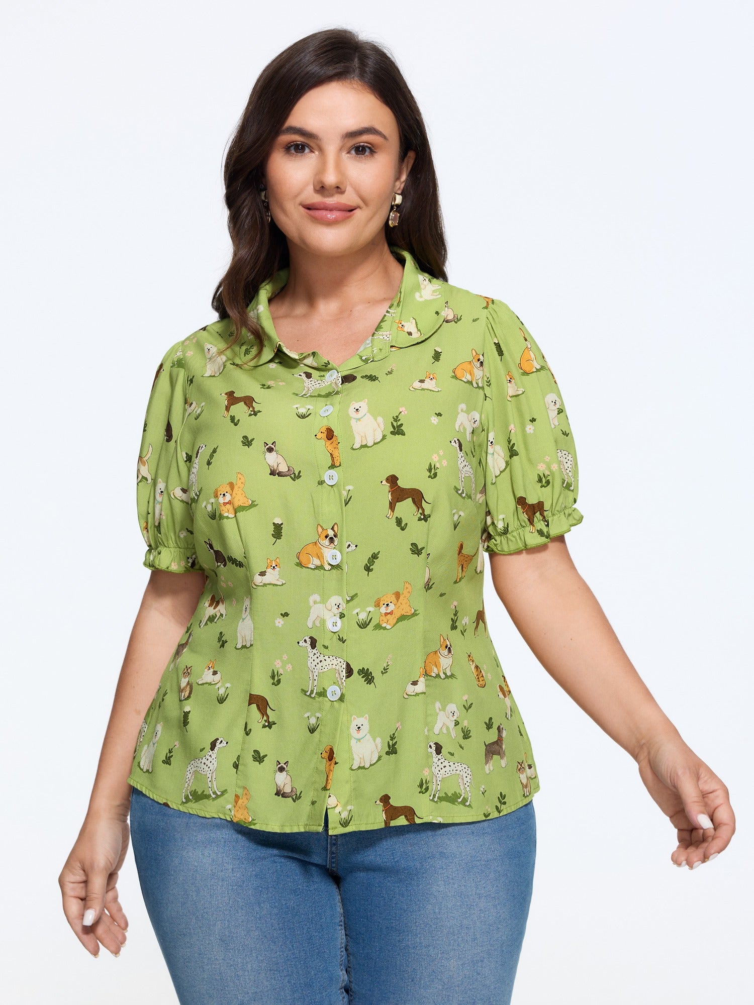 Animal Print Puff Sleeve Button‑Front Blouse