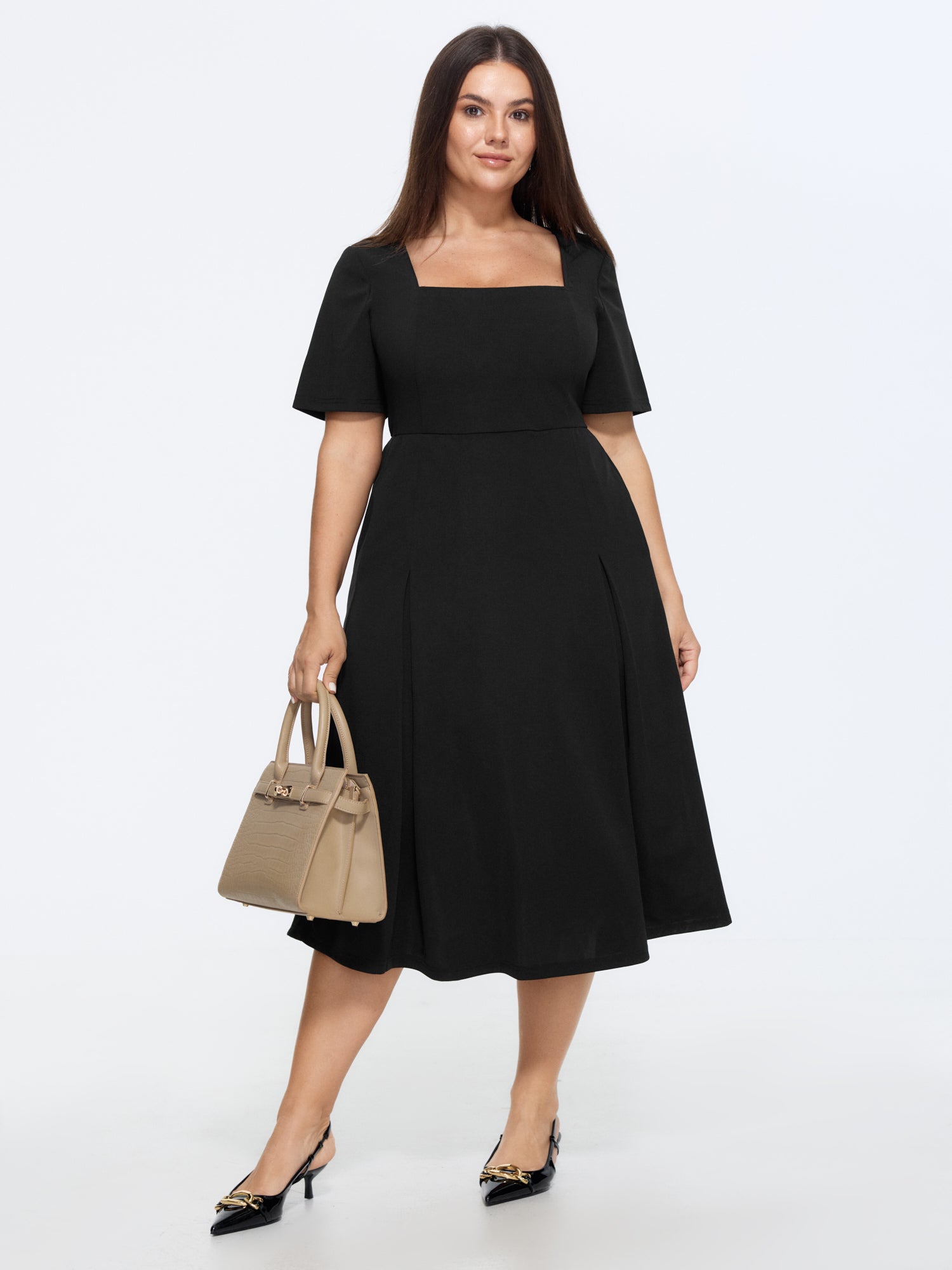 Classic Square Neckline Plain Midi Dress