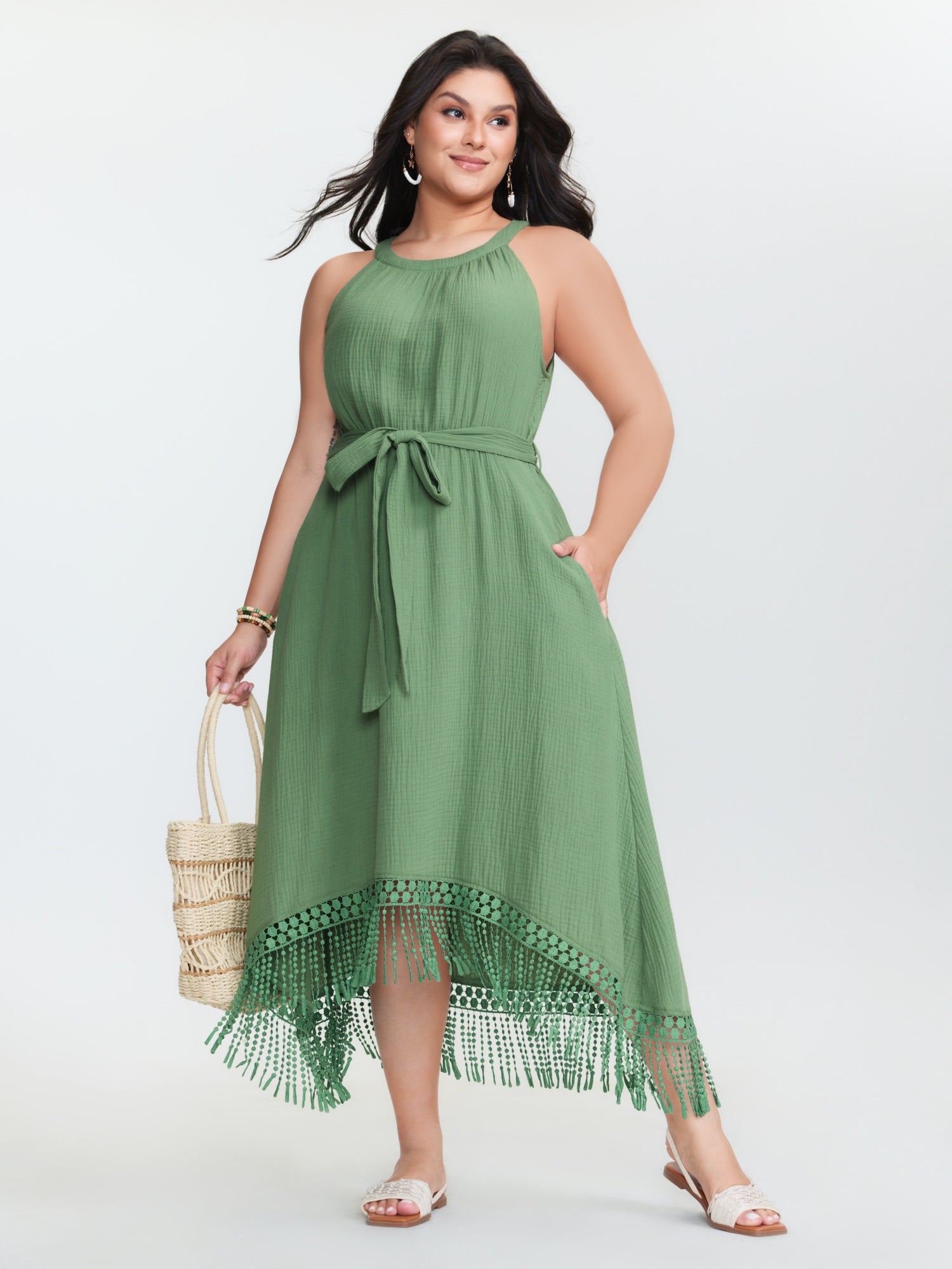 Cotton Waist-Tie Fringe Hem Mini Dress