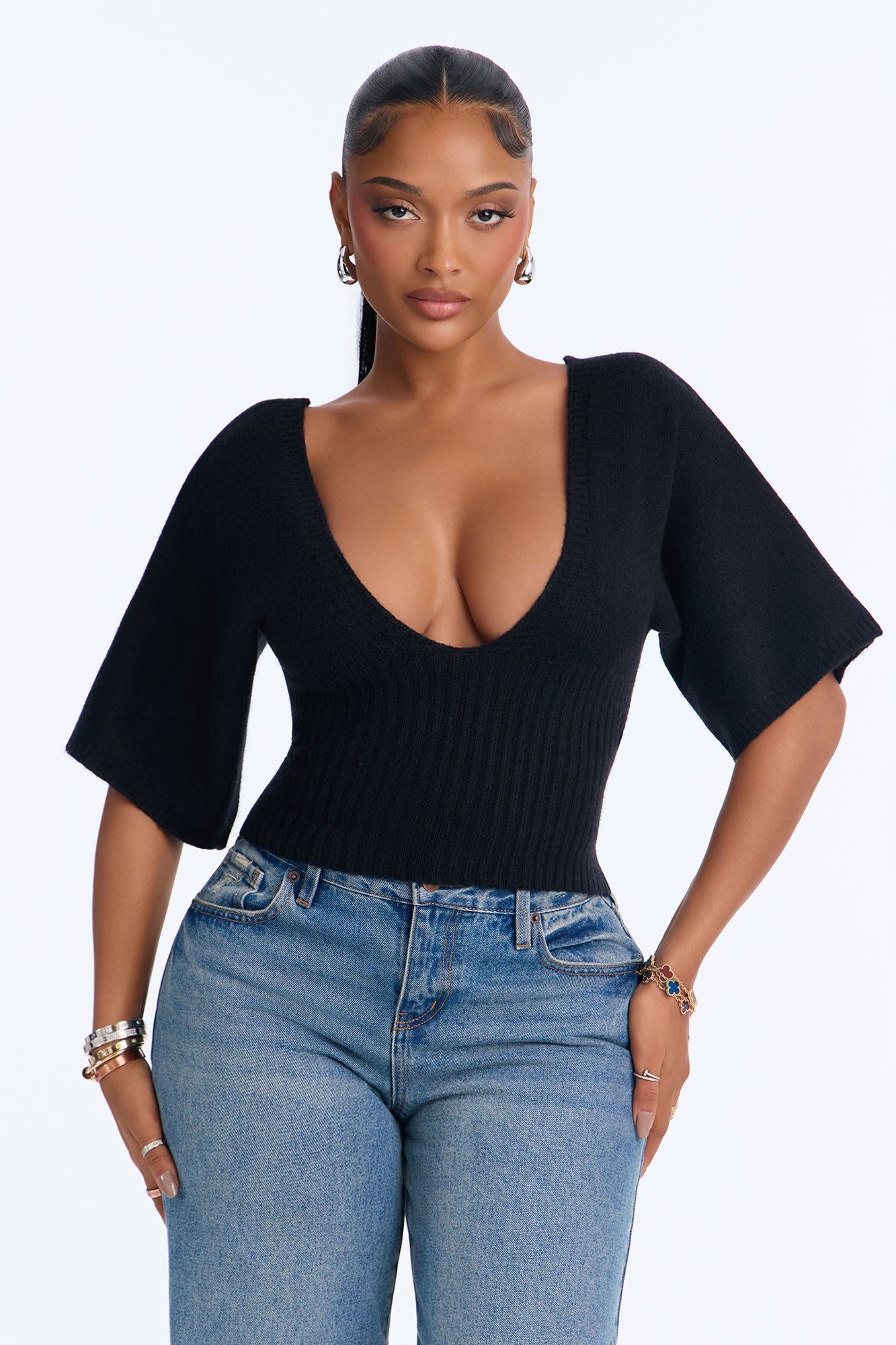 Fall Air Short Sleeve Pullover Sweater - Black