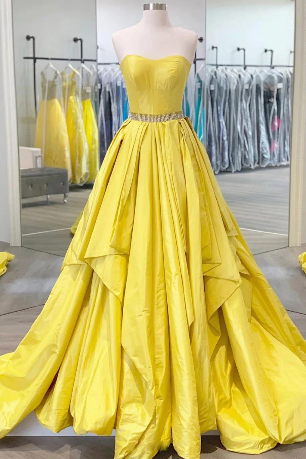 Long Yellow Sweetheart A-Line Prom Dress with Beading