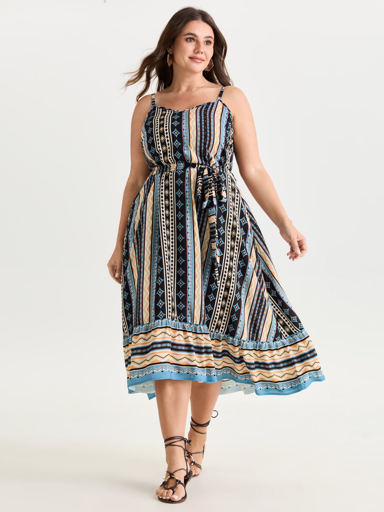 Striped Print Waist-Tie Cami Midi Dress