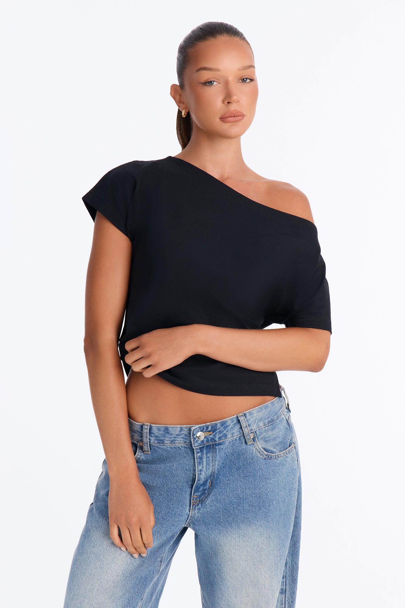 100% Premium Cotton Asymmetrical Hem Tee - Black